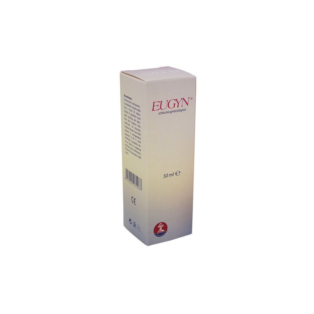 Weiße Schachtel mit Produktaufdruck EUGYN. Aufschrift: Schiuma Ginecologica, 50 ml. CE-Zeichen.
