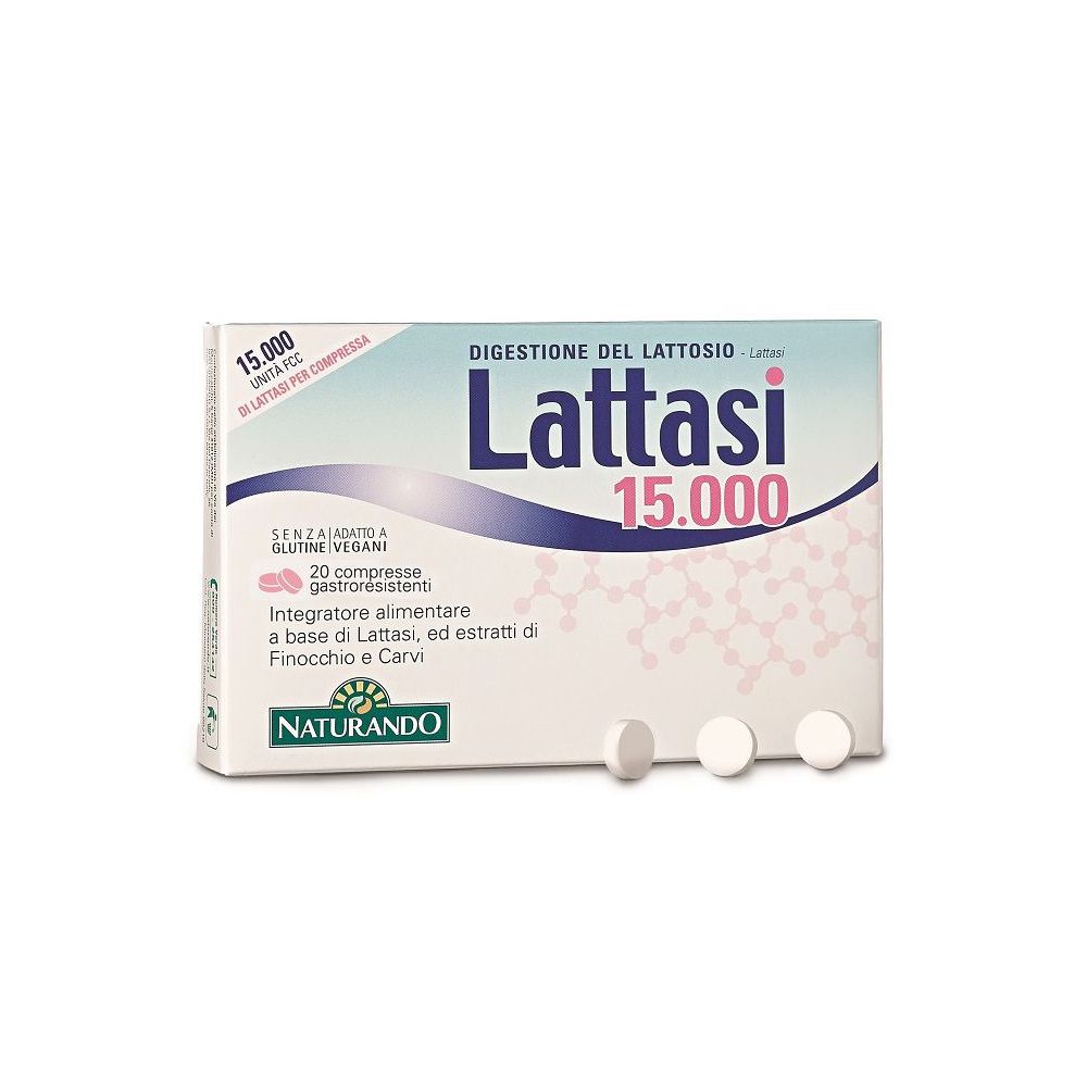Scatola di Lattasi 15.000 compresse. Tre compresse accanto. Logo Naturando in basso a sinistra.
