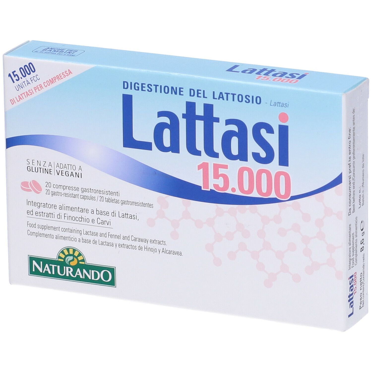 Scatola Lattasi 15.000, bianco-azzurro. Testo: Digestione del Lattosio, 20 compresse. Logo Naturando in basso a sinistra.