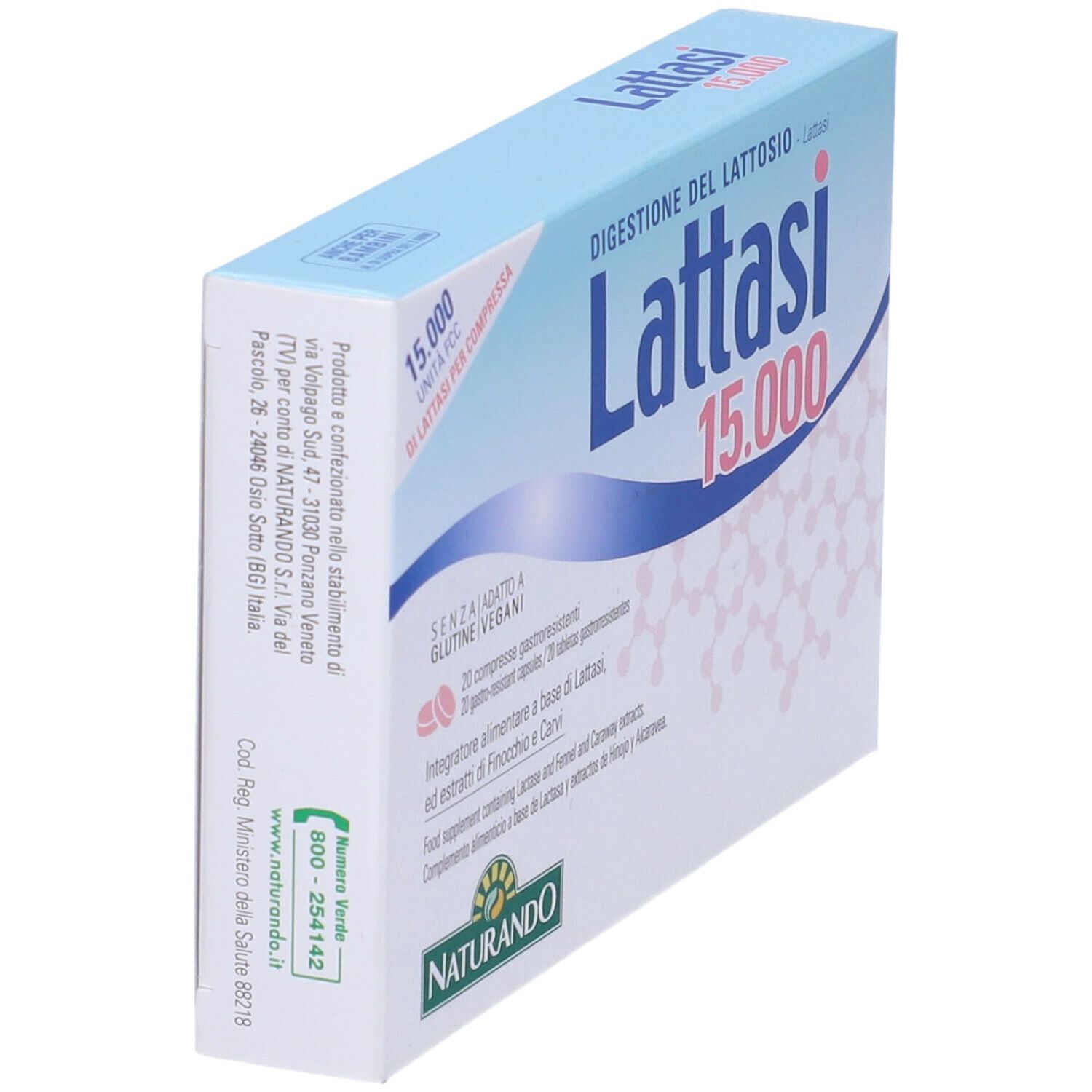 Scatola Lattasi 15.000, vista obliqua. Testo: Digestione del Lattosio, 20 compresse. Logo Naturando in basso a sinistra.