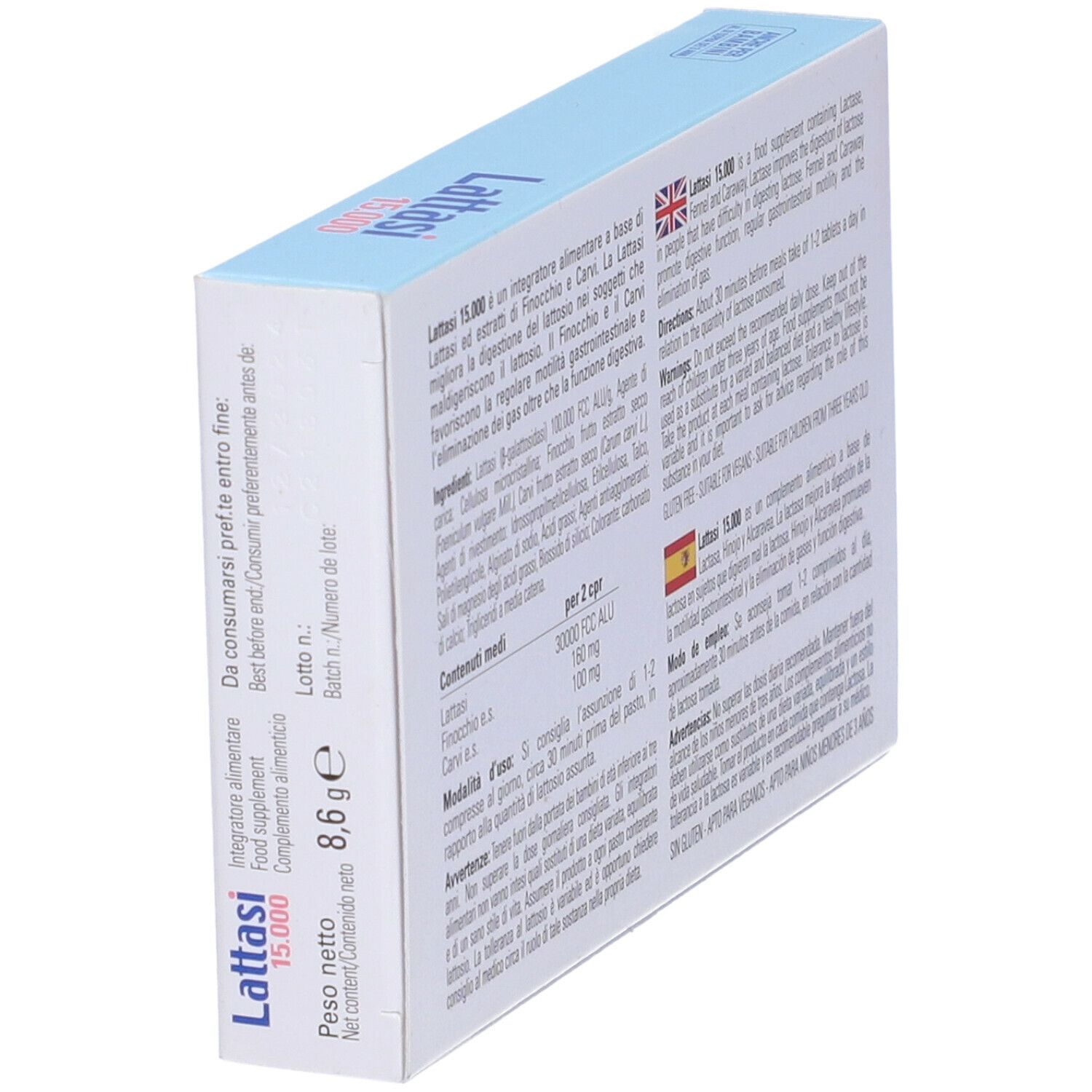 Scatola Lattasi 15.000 vista obliqua. Testo multilingue. Ingredienti, avvertenze.