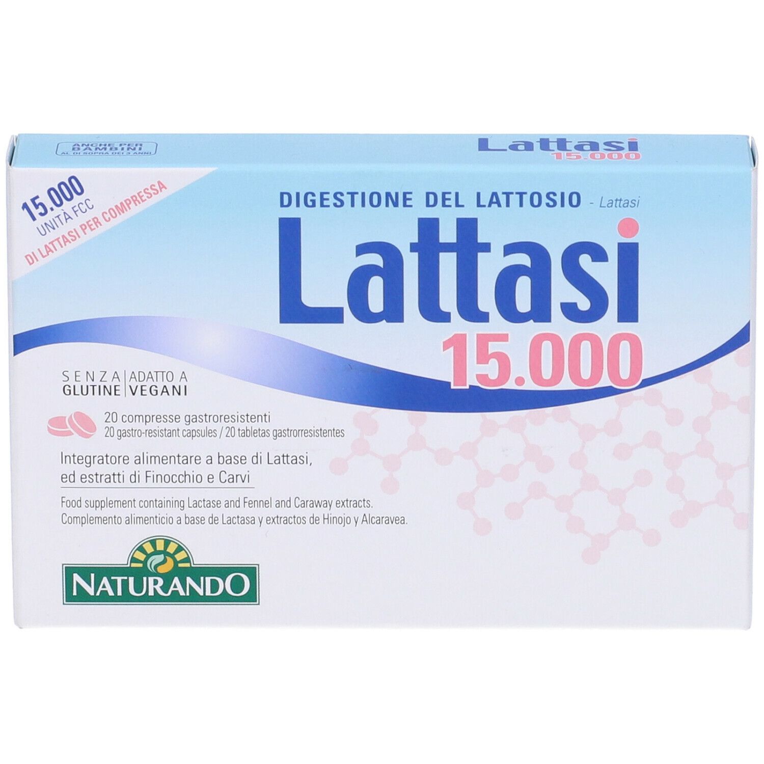 Scatola Lattasi 15.000, bianco-azzurro. Testo: Digestione del Lattosio, 20 compresse. Logo Naturando in basso a sinistra.