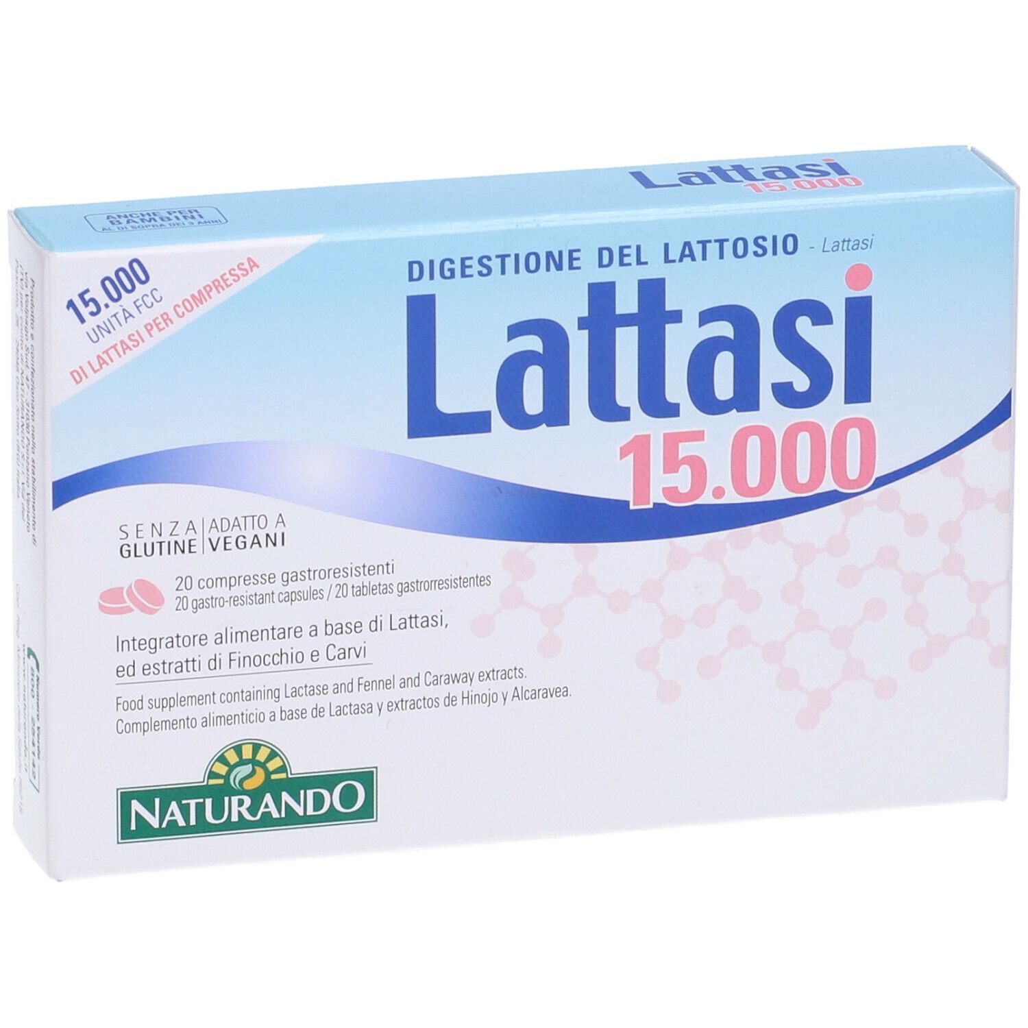Scatola Lattasi 15.000, bianco-azzurro. Testo: Digestione del Lattosio, 20 compresse. Logo Naturando in basso a sinistra.