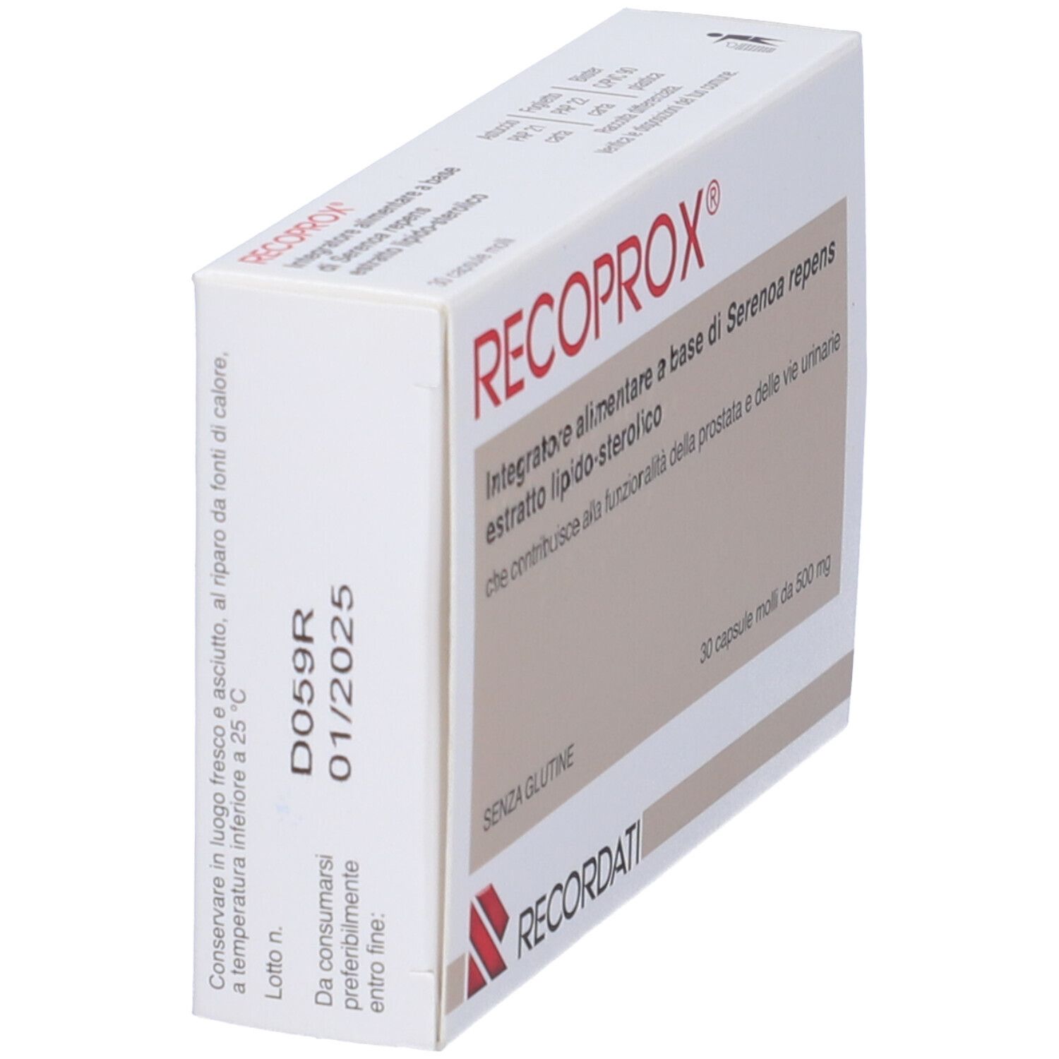 Karton RECOPROX® in Schrägansicht. Aufschrift: Integratore alimentare a base di Serenoa repens. Verfallsdatum: 01/2025.