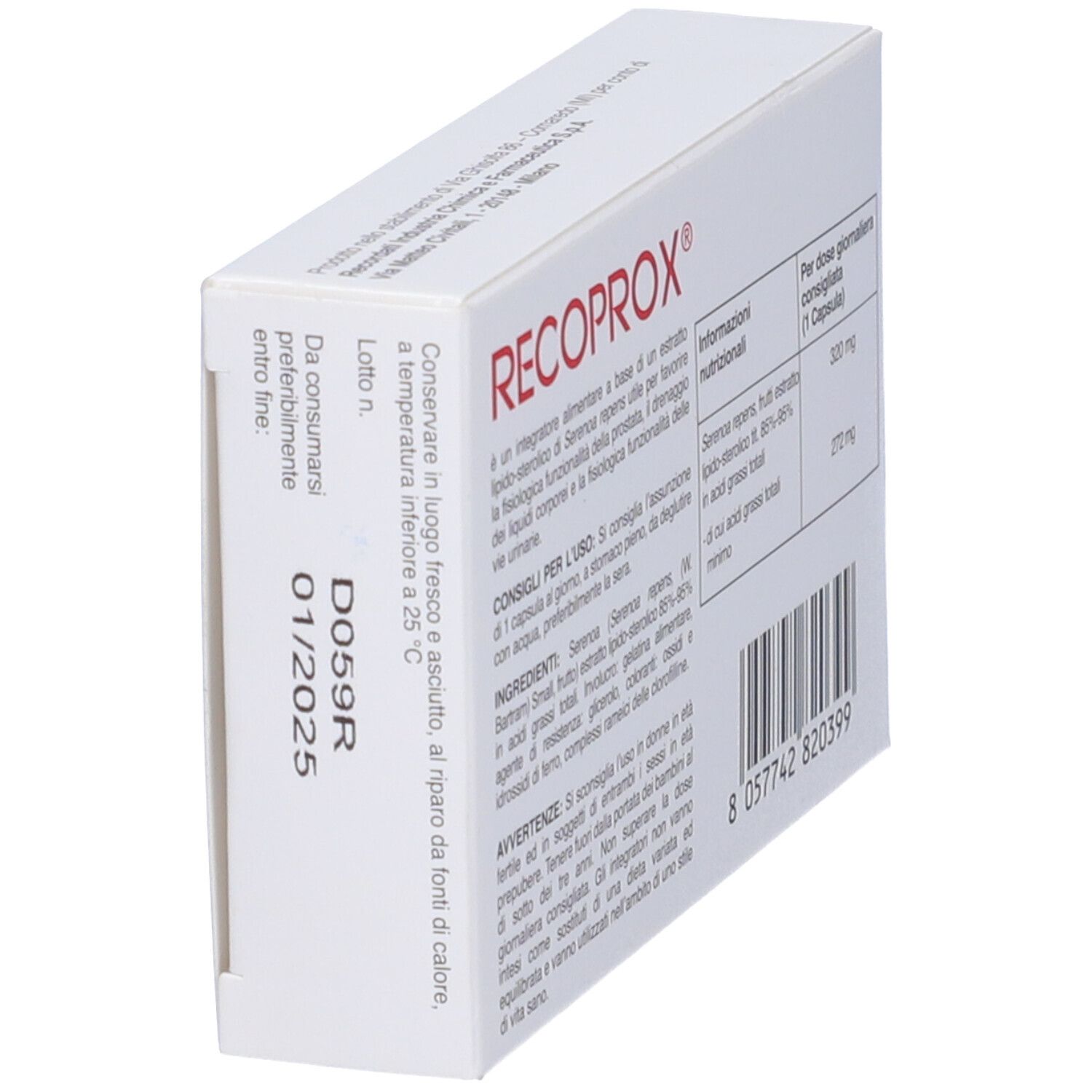 Schrägansicht der RECOPROX®-Verpackung. Enthält Informationen zu Inhaltsstoffen und Nährwerten. Text in italienischer Sprache.