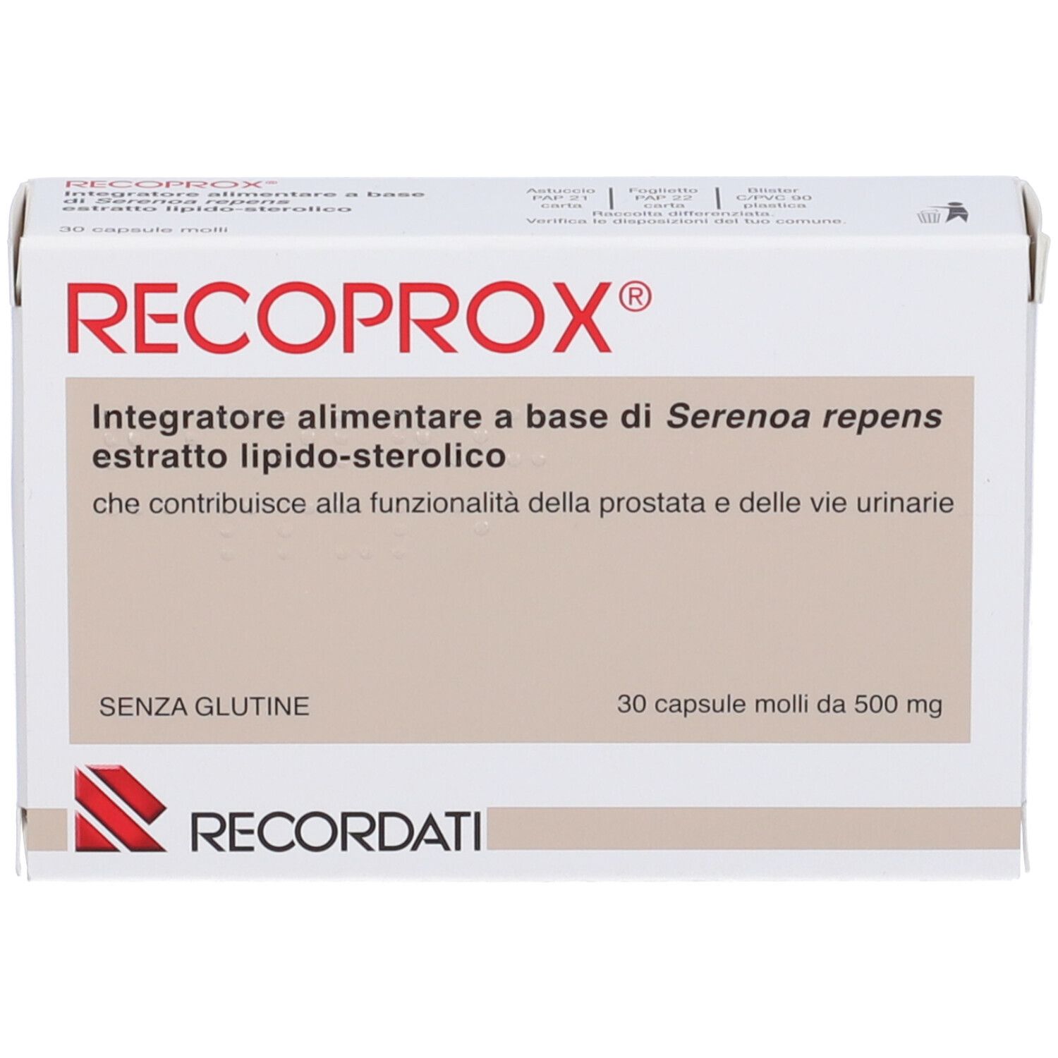 Karton RECOPROX®. Aufschrift: Integratore alimentare a base di Serenoa repens. Enthält 30 Kapseln. Glutenfrei.
