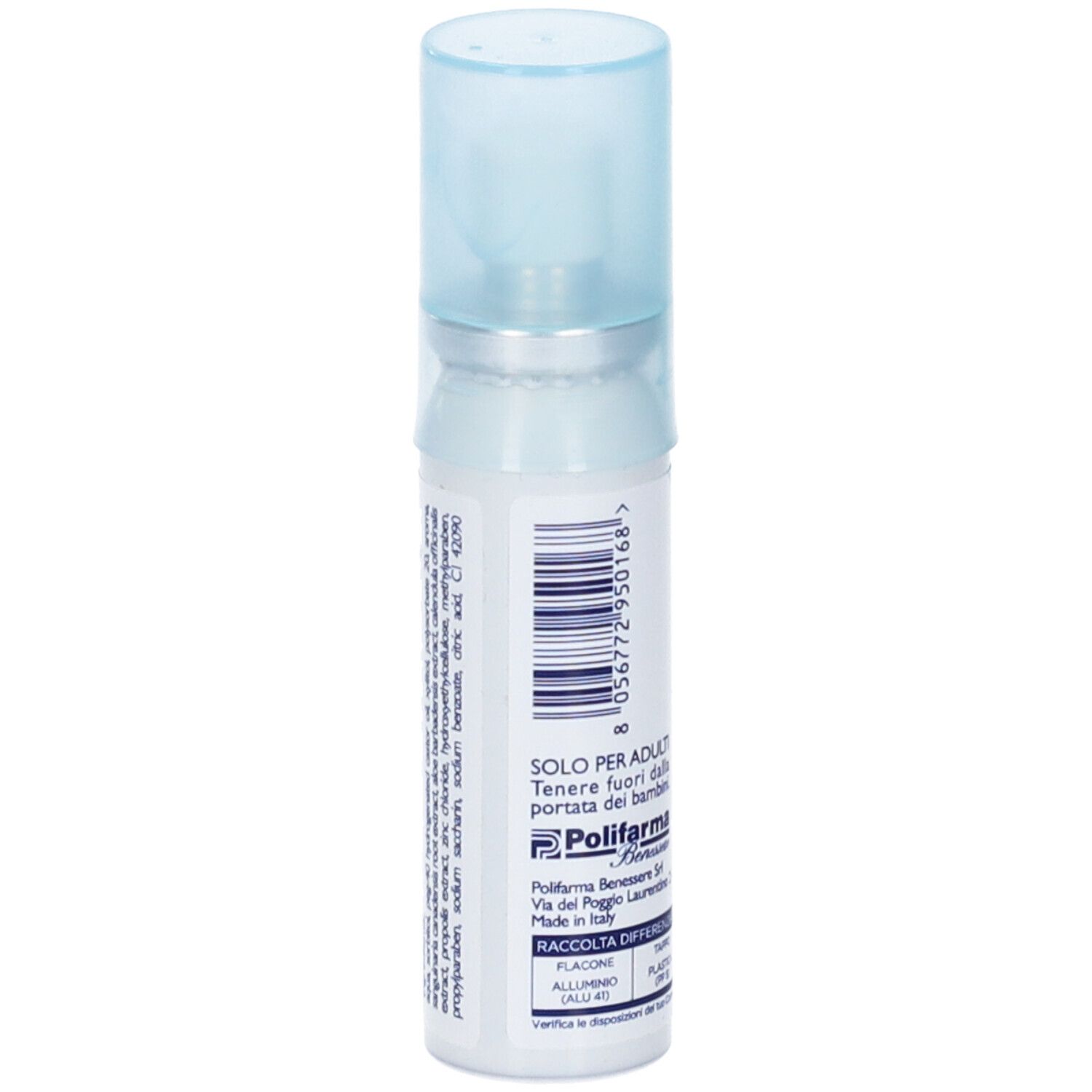 Rückseite der Sprayflasche Emoform Alifresh. Barcode, Herstellerinformationen, Text. Blauer Deckel.