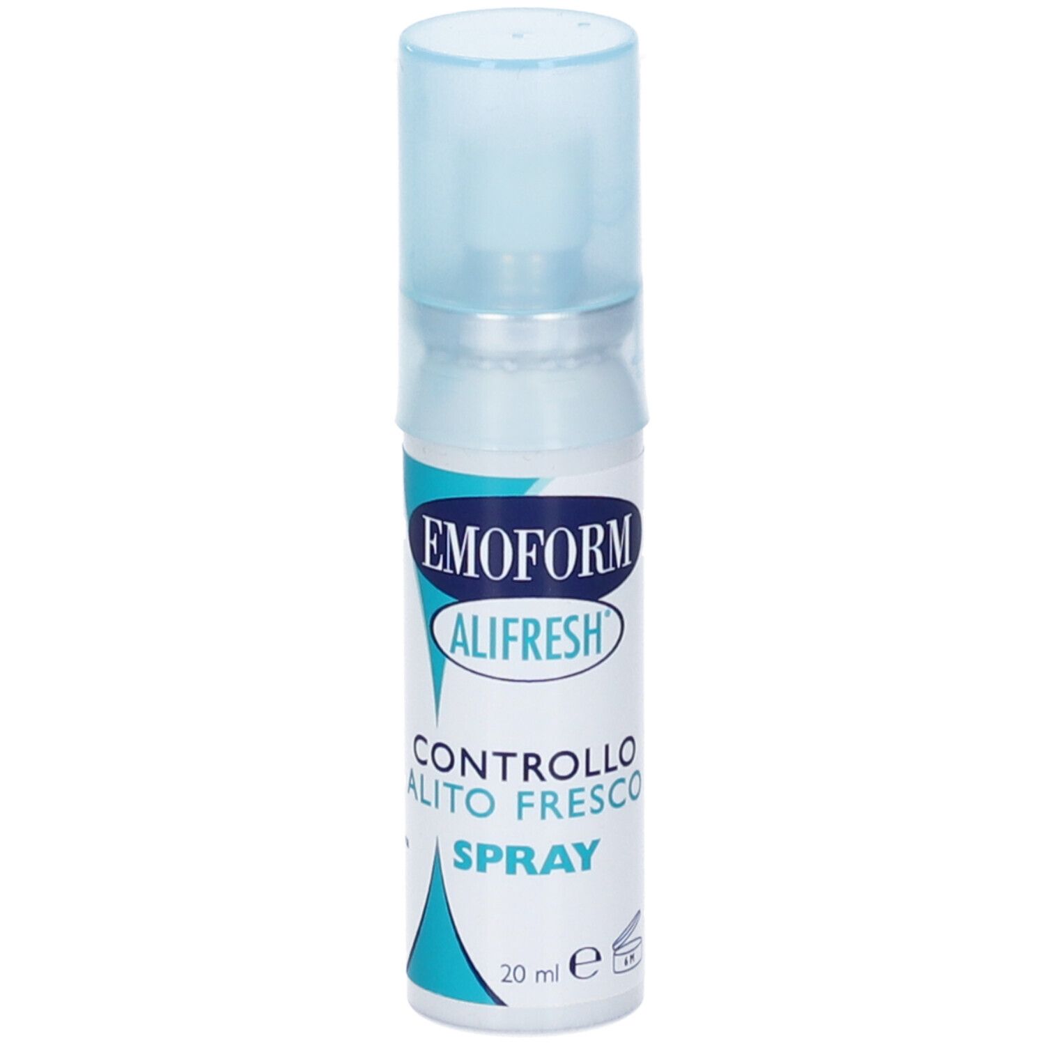 Sprayflasche Emoform Alifresh. Weißes Gehäuse, blauer Deckel. Aufschrift: Emoform Alifresh, Controlla Alito Fresco Spray.