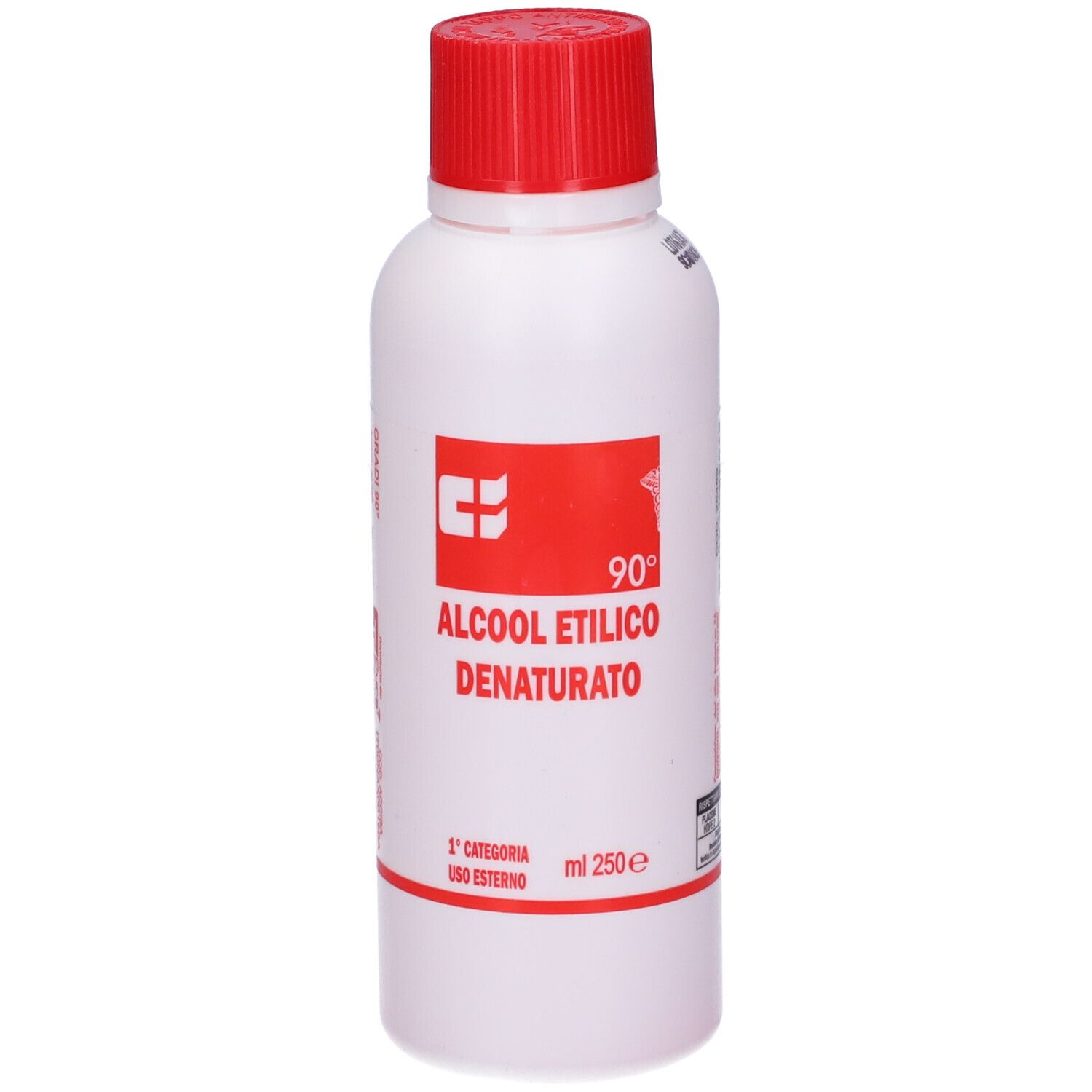 Flacone bianco con tappo rosso. Stampa rossa: Alcool Etilico Denaturato 90°. 250 ml.