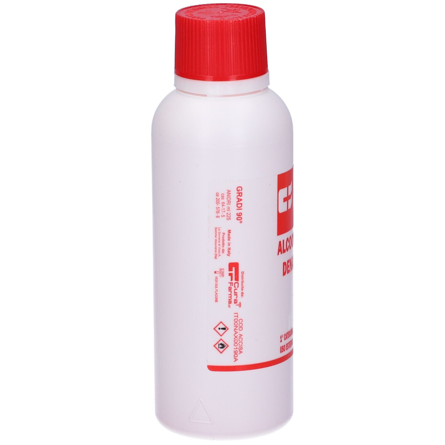 Flacone bianco con tappo rosso. Stampa rossa ed etichetta con informazioni. Gradi 90°.