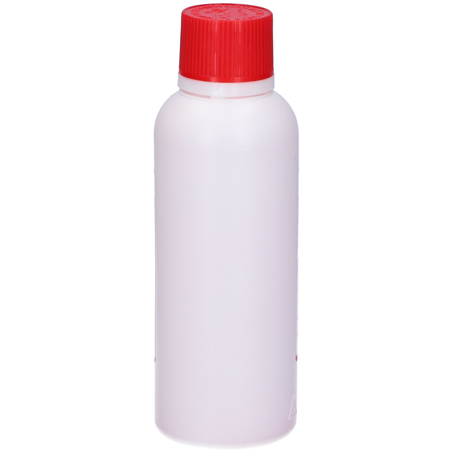 Flacone bianco con tappo rosso. Nessuna scritta visibile.