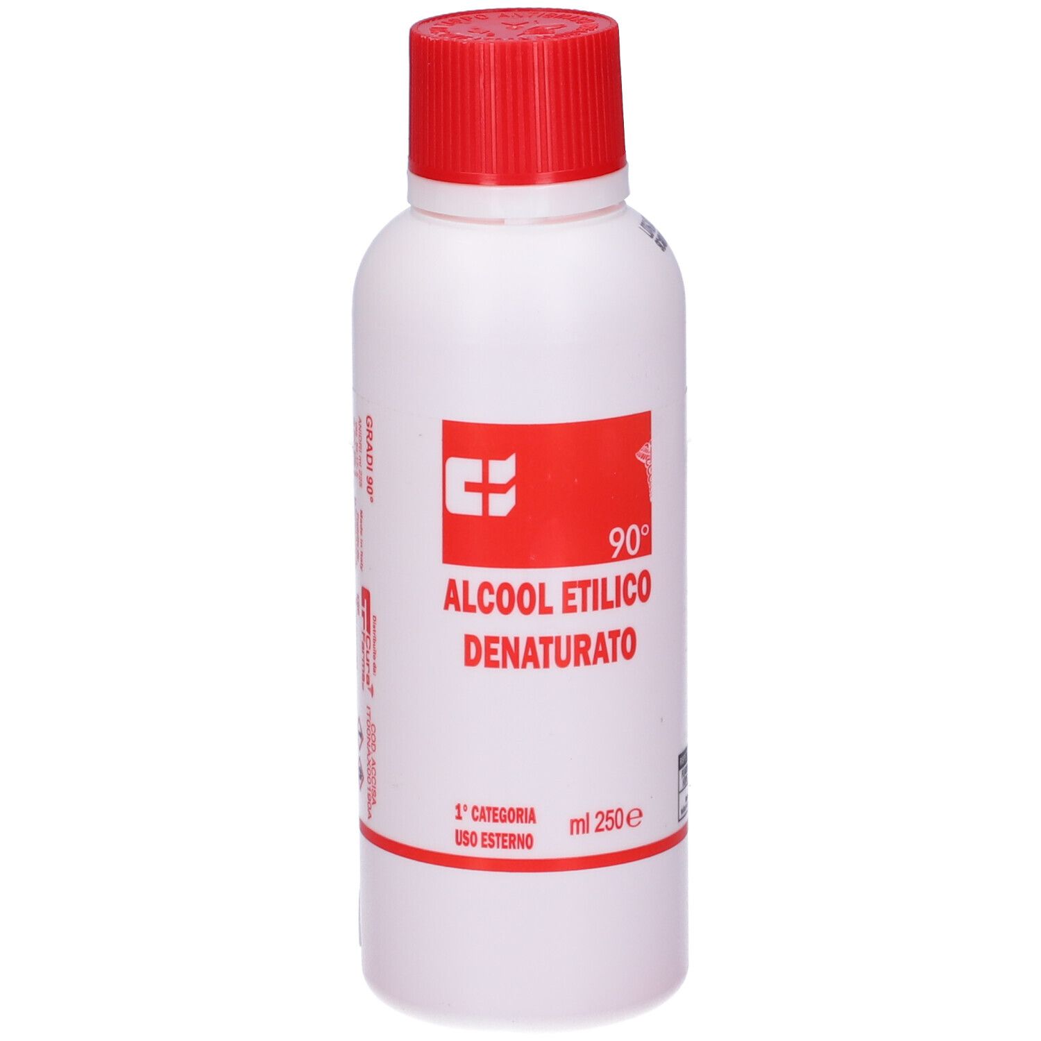 Flacone bianco con tappo rosso. Stampa rossa: Alcool Etilico Denaturato 90°. 250 ml.