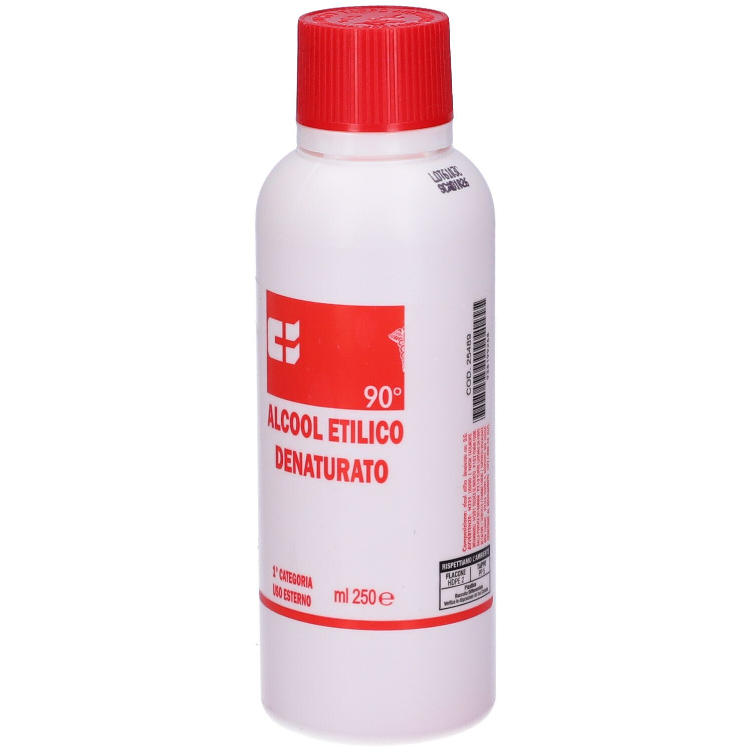 Flacone bianco con tappo rosso. Stampa rossa: Alcool Etilico Denaturato 90°. 250 ml.