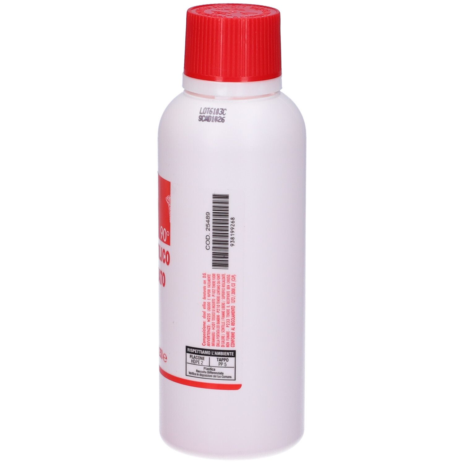 Flacone bianco con tappo rosso. Etichetta con informazioni e codice a barre.