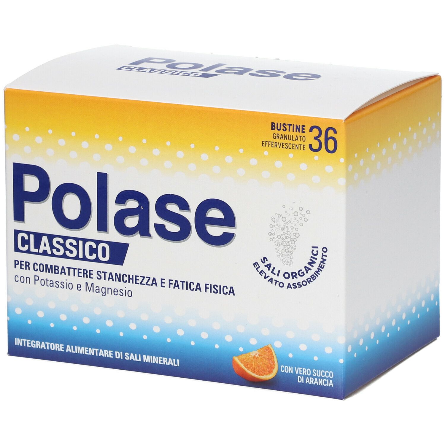 Scatola Polase Classic, 36 bustine. Contiene potassio e magnesio. Con succo d'arancia. Giallo, blu e bianco.