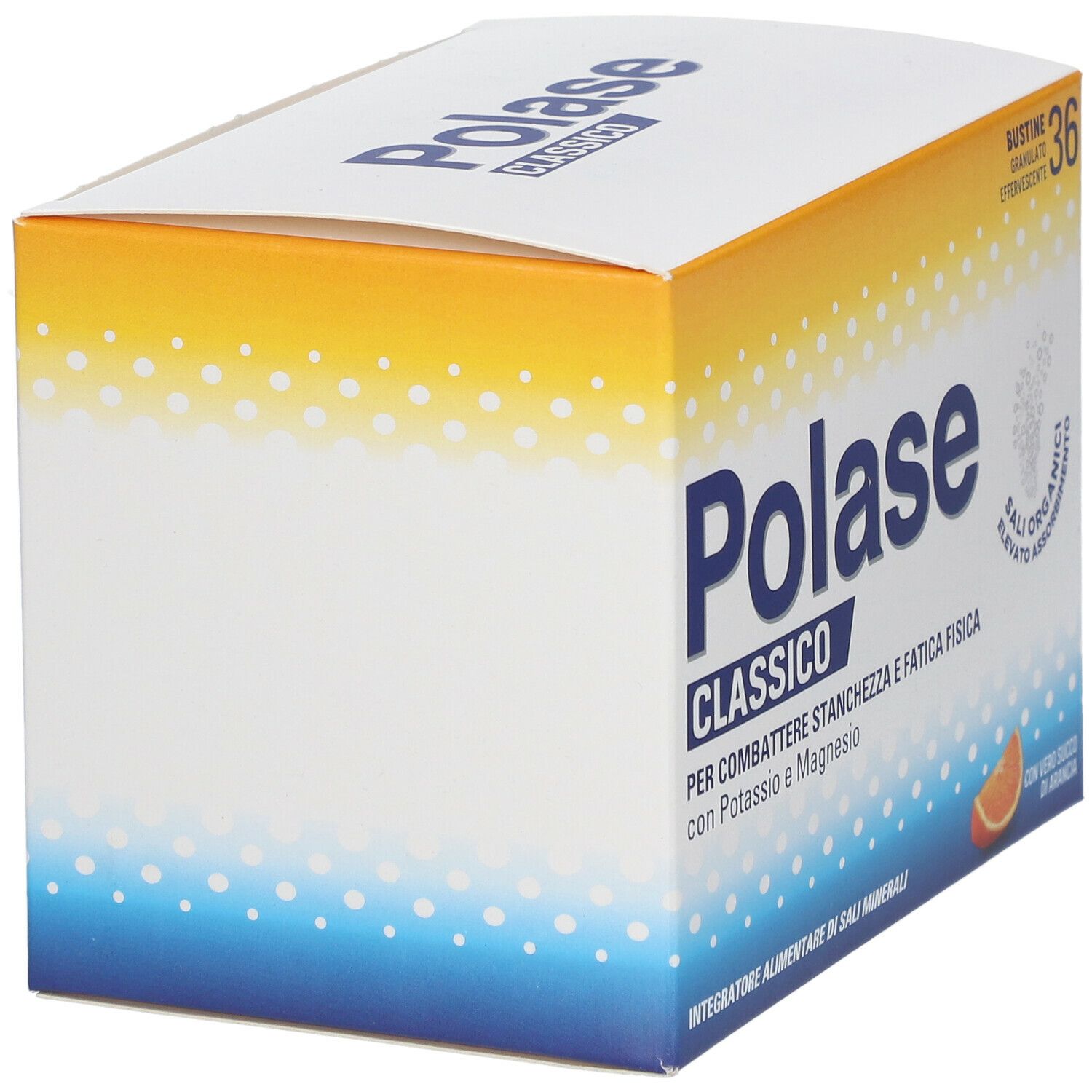 Scatola Polase Classic. Giallo, blu e bianco. Testo: '36 bustine'. Contiene potassio e magnesio.