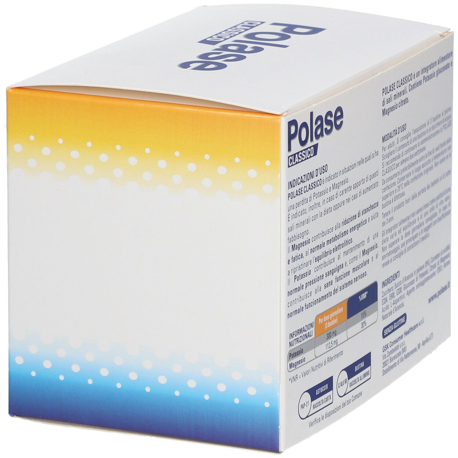 Scatola Polase Classic, in diagonale. Testo e informazioni nutrizionali. Contiene potassio e magnesio.