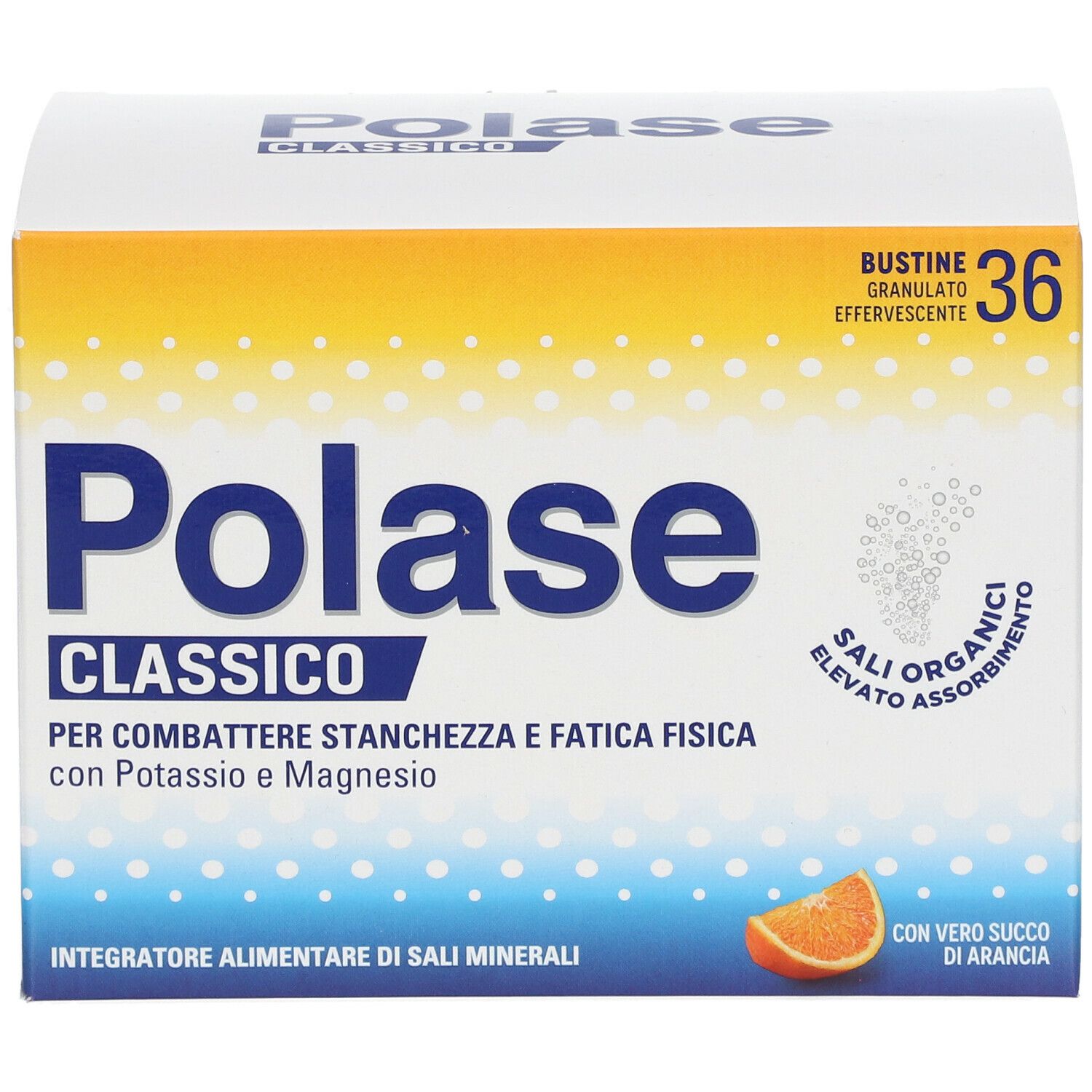 Scatola Polase Classic, 36 bustine. Contiene potassio e magnesio. Con succo d'arancia. Giallo, blu e bianco.