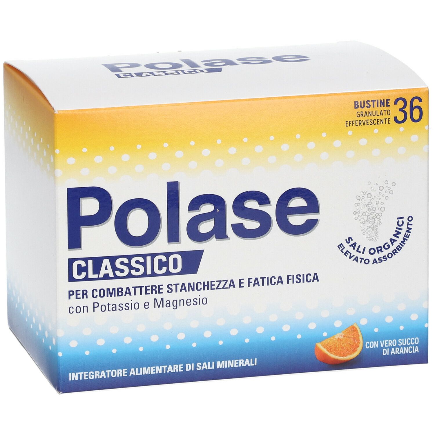 Scatola Polase Classic, 36 bustine. Contiene potassio e magnesio. Con succo d'arancia. Giallo, blu e bianco.