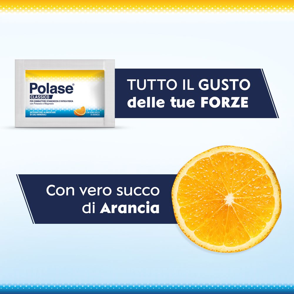 Bustina Polase Classic e fetta d'arancia. Testo: 'Con vero succo di arancia'. Sfondo: blu e giallo.