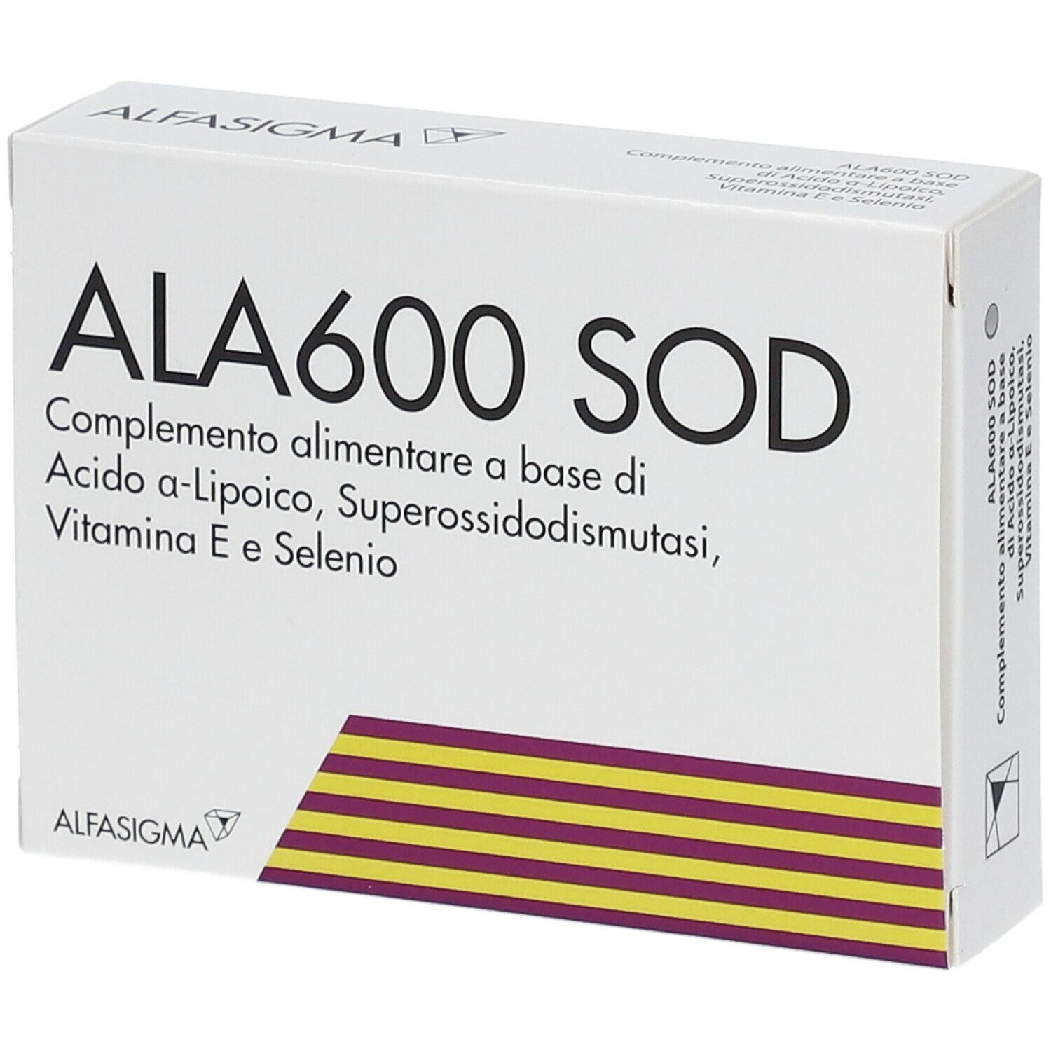 Scatola bianca con stampa ALA600 SOD. Contiene acido alfa-lipoico, superossido dismutasi, vitamina E e selenio. Marchio: AlfasiGMA.