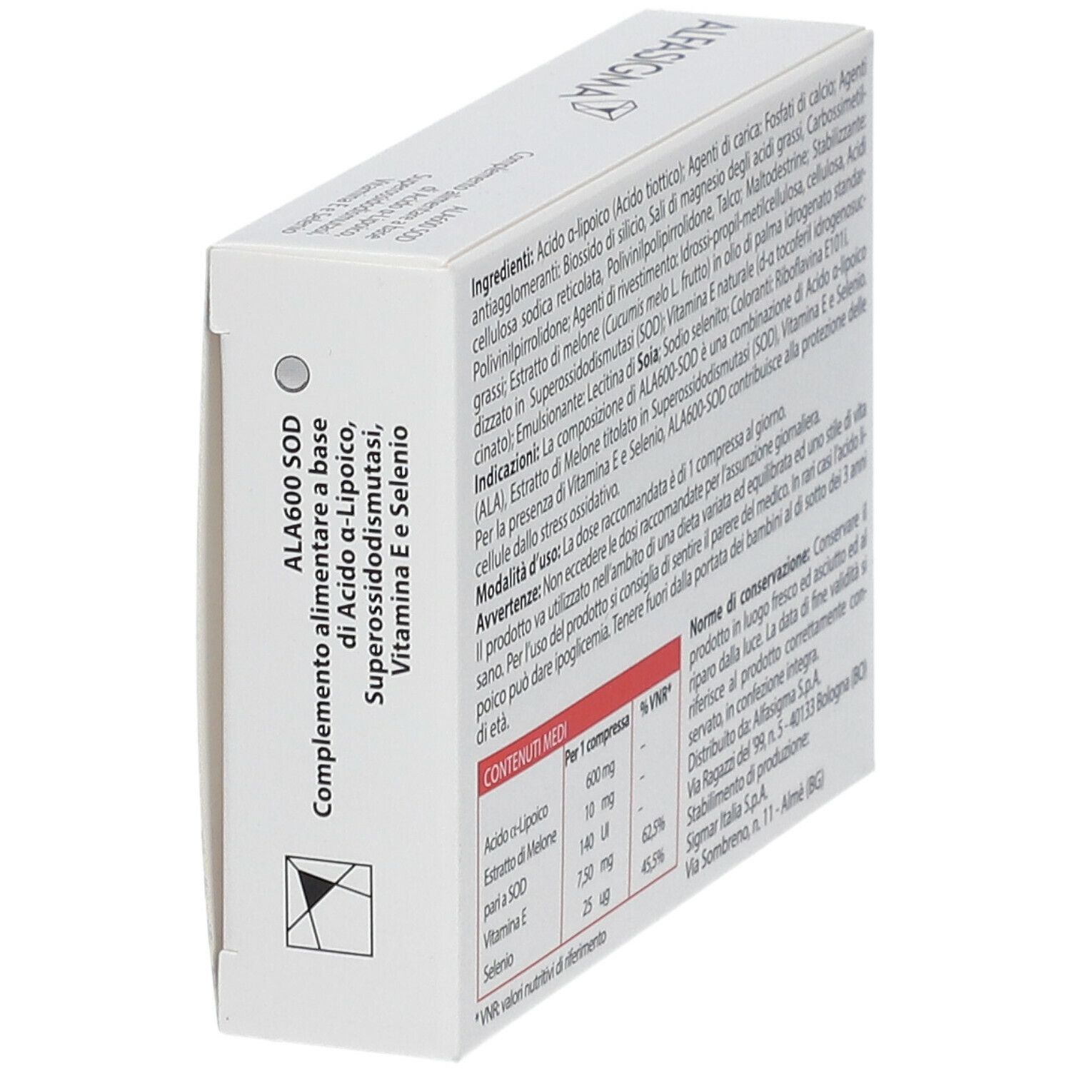 Scatola con ALA600 SOD. Contiene acido alfa-lipoico, superossido dismutasi, vitamina E e selenio. Vista laterale.