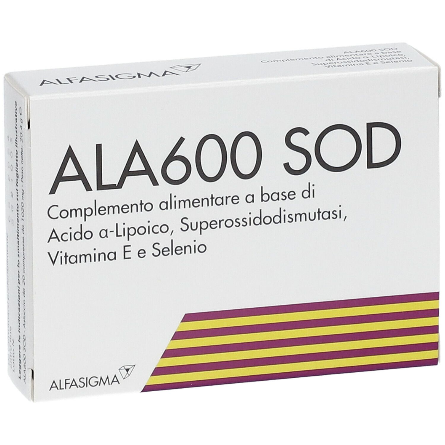 Scatola bianca con stampa ALA600 SOD. Contiene acido alfa-lipoico, superossido dismutasi, vitamina E e selenio. Marchio: AlfasiGMA.