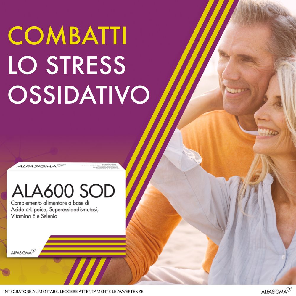 Immagine pubblicitaria con coppia. Confezione ALA600 SOD in primo piano. Testo: Combatti lo stress ossidativo. Marchio: AlfasiGMA.