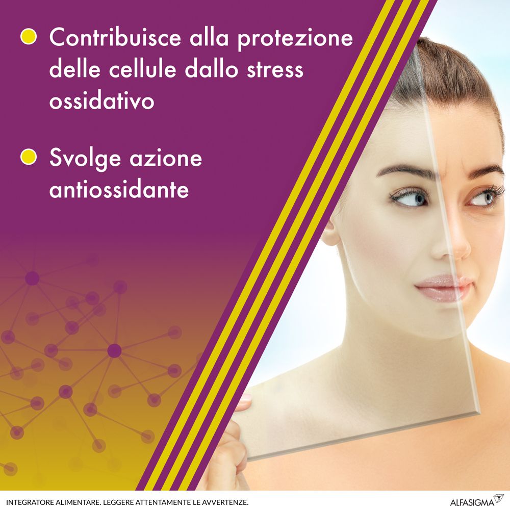 Grafica con volto di donna. Testo: Contribuisce alla protezione delle cellule dallo stress ossidativo. Svolge azione antiossidante.