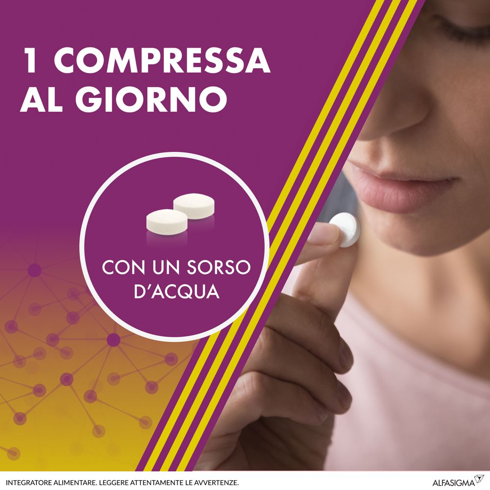 Grafica con donna che assume una compressa. Testo: 1 compressa al giorno. Due compresse in un cerchio.
