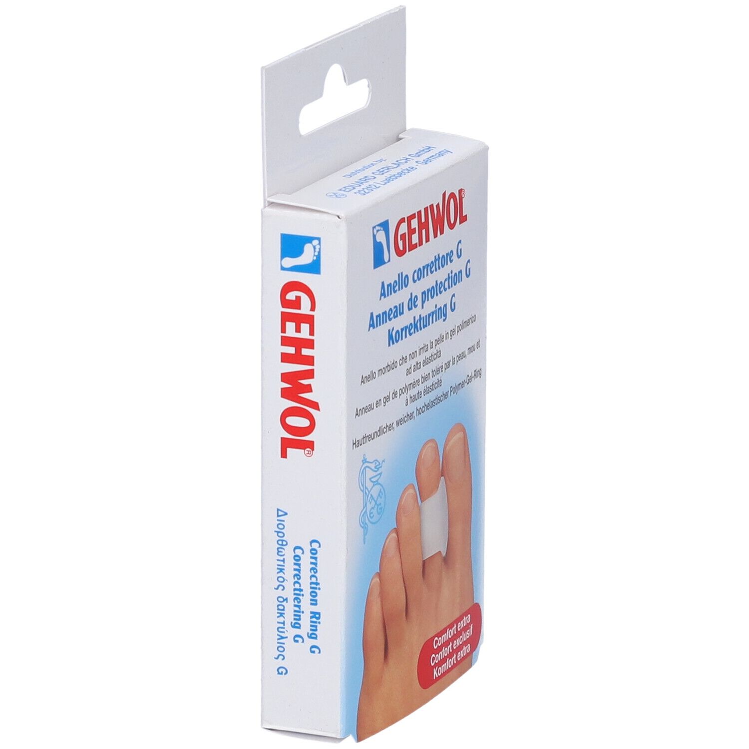 Gehwol-Verpackung, seitliche Ansicht. Auf der Verpackung steht "GEHWOL" und "Anello correttore G". Ein weißer Zehenring ist sichtbar.