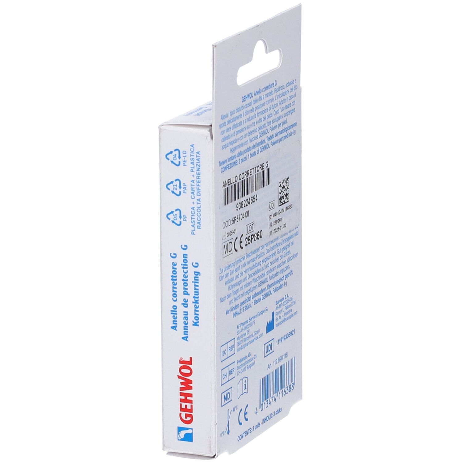 Gehwol-Verpackung, seitliche Ansicht. Auf der Verpackung steht "GEHWOL" und "Anello correttore G".