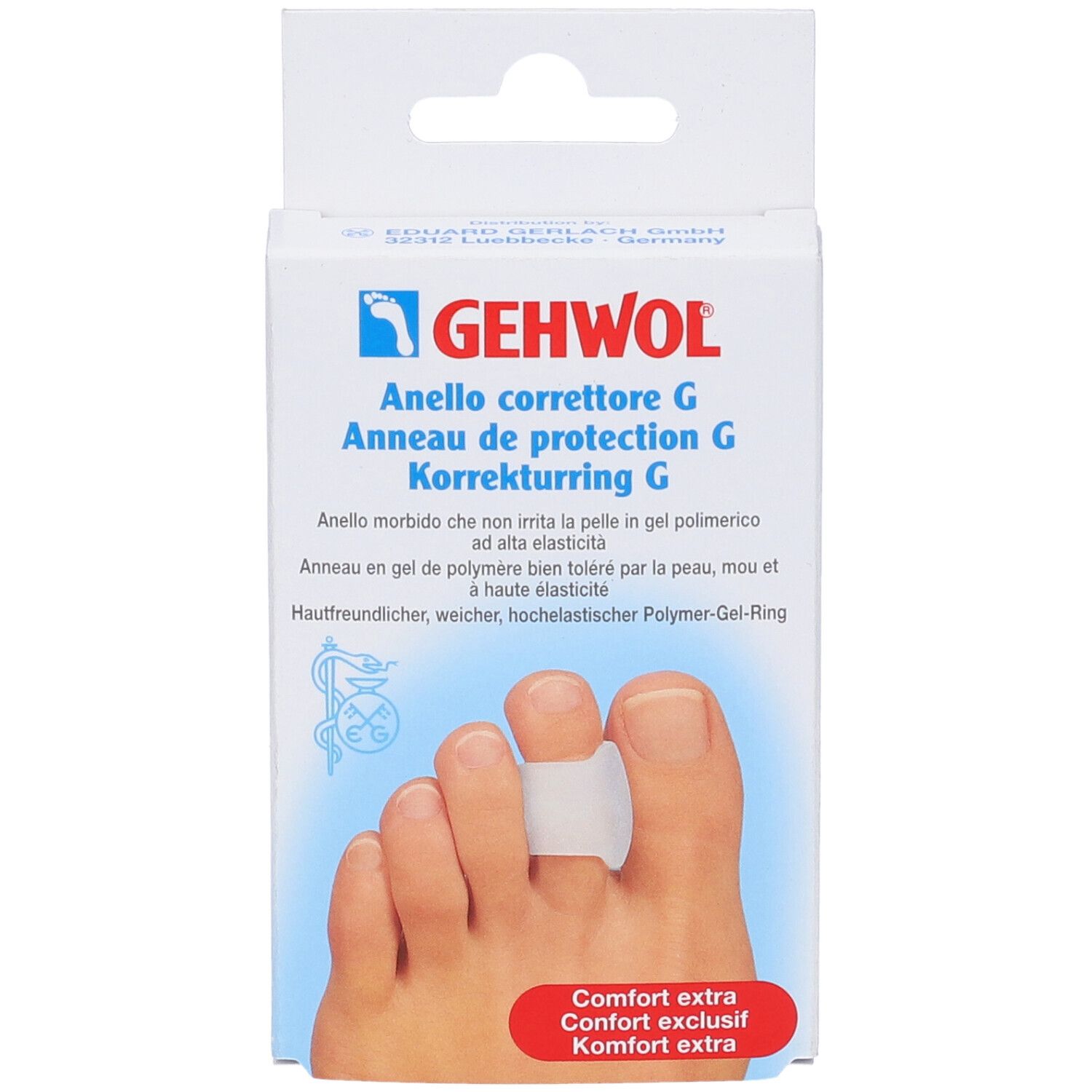 Gehwol-Verpackung mit Zehenring. Der Ring ist weiß und wird am Zeh getragen. Auf der Verpackung steht "Anello correttore G".