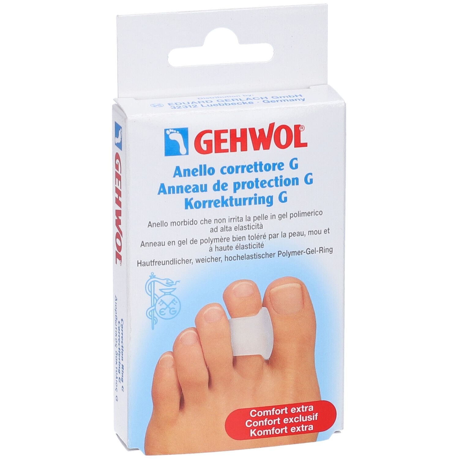 Gehwol-Verpackung mit Zehenring. Der Ring ist weiß und wird am Zeh getragen. Auf der Verpackung steht "Anello correttore G".
