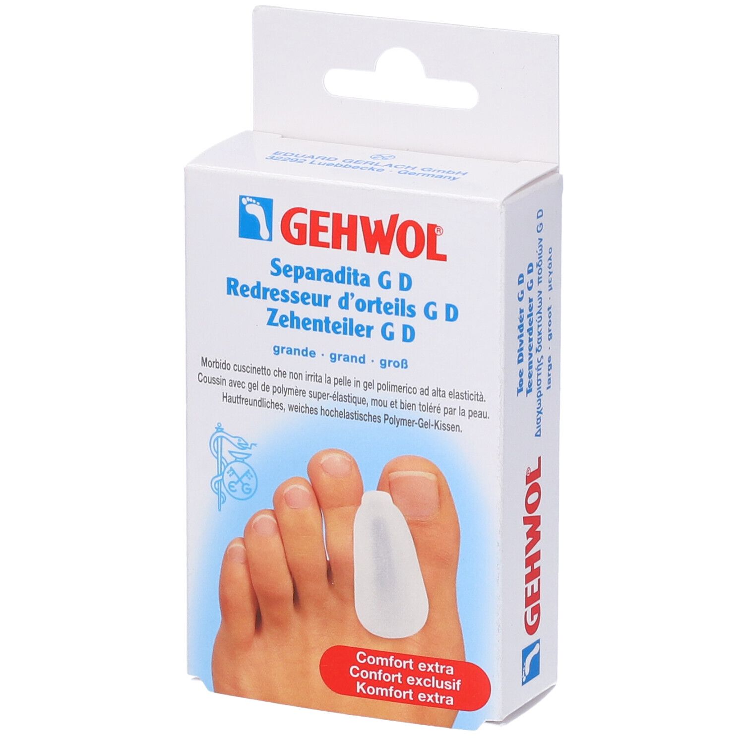 Gehwol Separadita G D, Zehenteiler. Weiße Verpackung mit Produktabbildung. Aufschrift: grande, groß. Fuß mit Zehenspreizer.