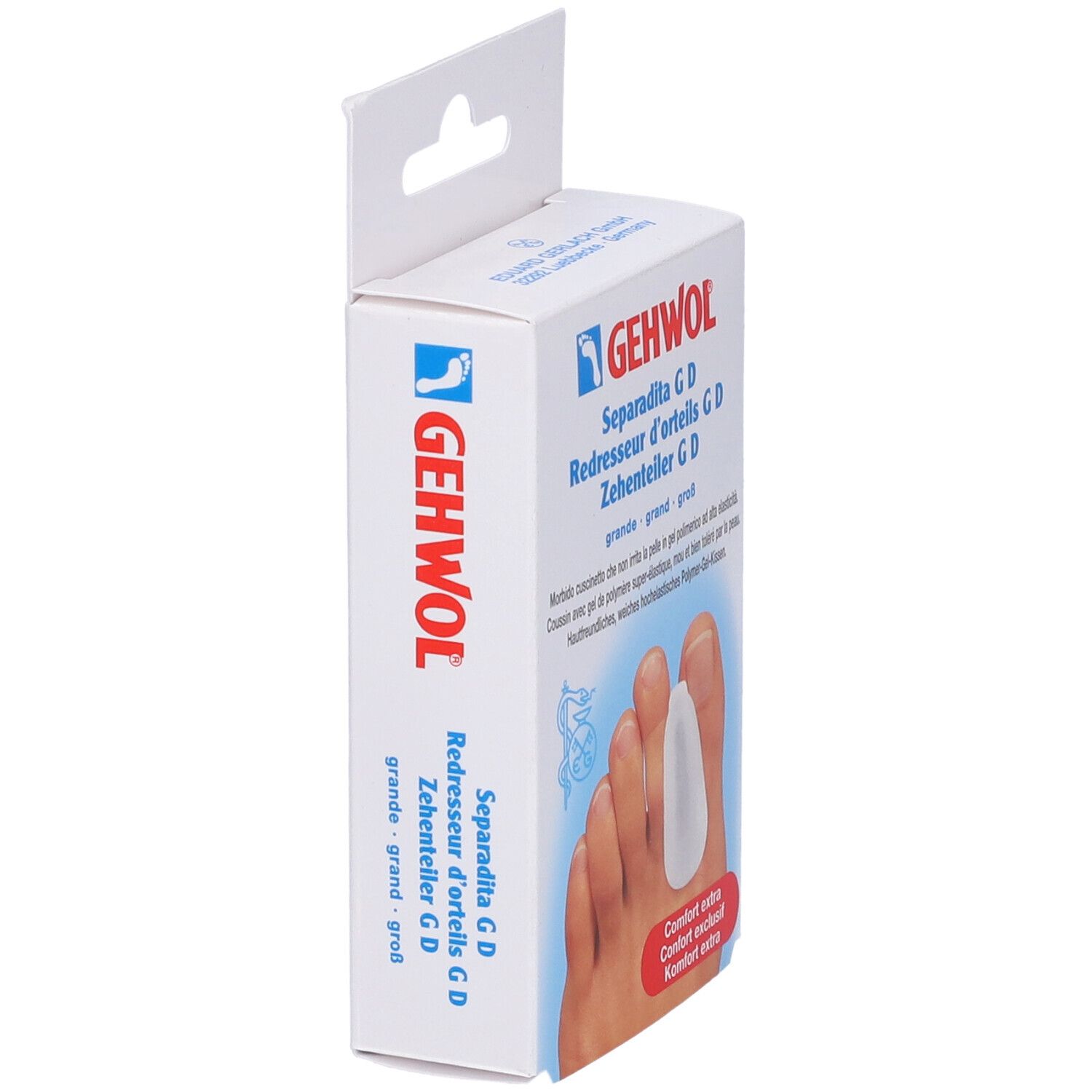 Gehwol Separadita G D, Zehenteiler. Weiße Verpackung, Seitenansicht. Aufschrift: grande, groß. Logo und Produktname deutlich sichtbar.