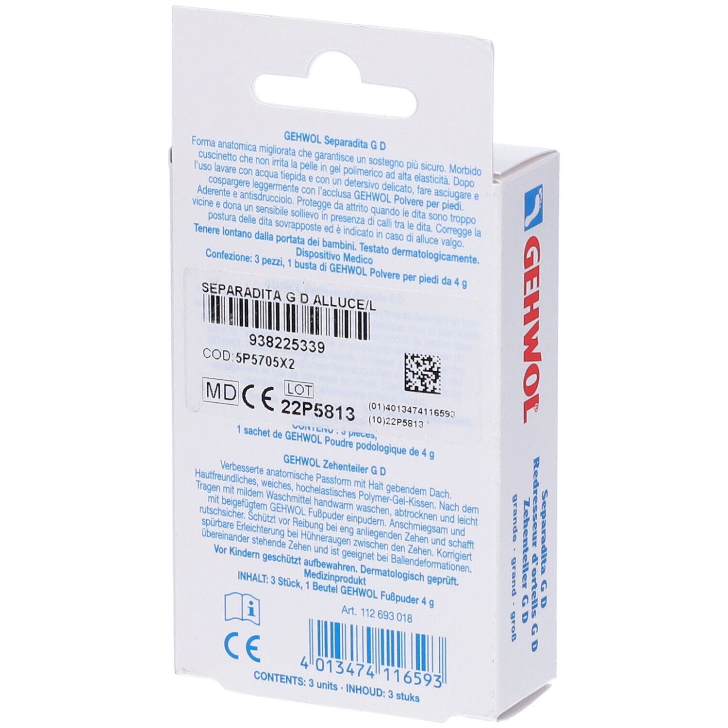 Rückseite der Gehwol Separadita G D Verpackung. Produktinformationen, Inhaltsangaben und Herstellerangaben. CE-Kennzeichnung.