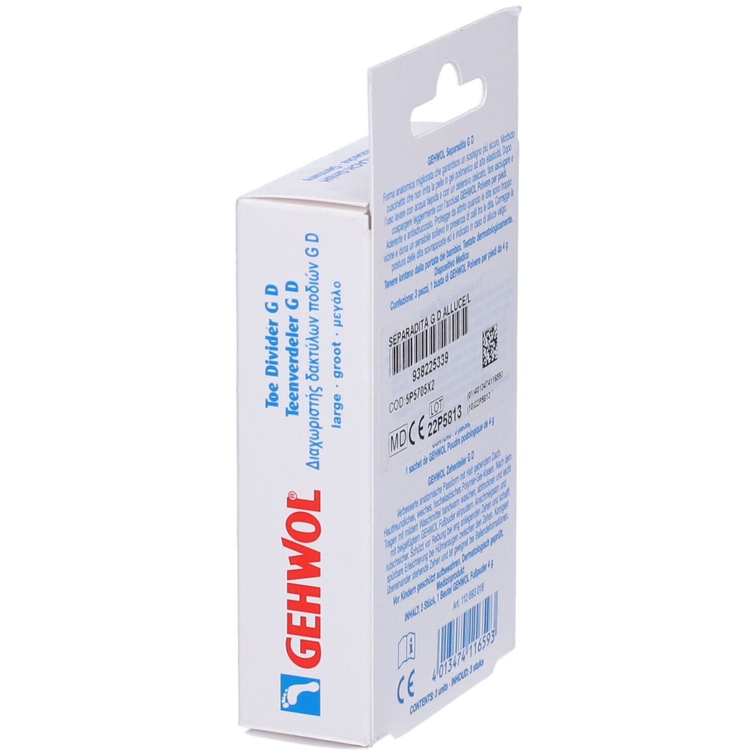 Gehwol Separadita G D, Zehenteiler Verpackung, Seitenansicht. Produktname und Logo. Aufschrift: grande, groß. CE-Kennzeichnung.