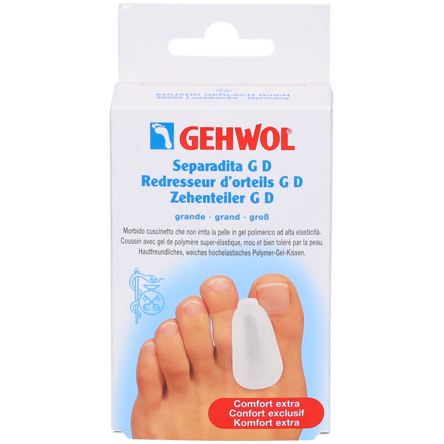 Gehwol Separadita G D, Zehenteiler. Weiße Verpackung mit Produktabbildung. Aufschrift: grande, groß. Fuß mit Zehenspreizer.