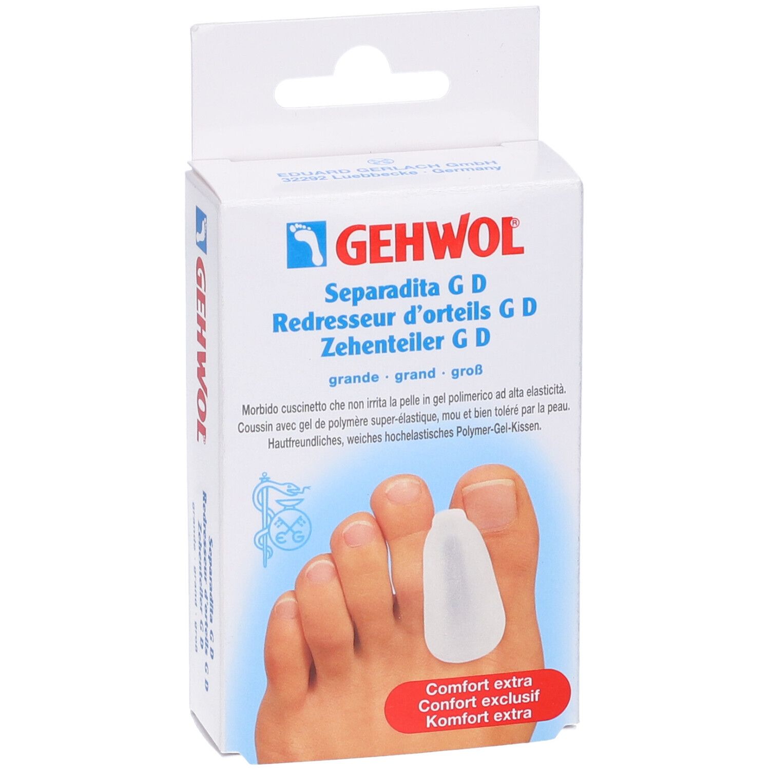 Gehwol Separadita G D, Zehenteiler. Weiße Verpackung mit Produktabbildung. Aufschrift: grande, groß. Fuß mit Zehenspreizer.