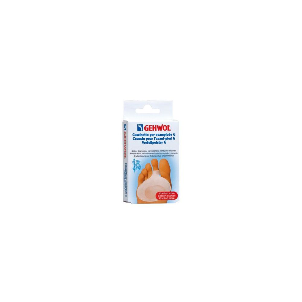 Gehwol Cuscinetto Per Avampiede G, Verpackung. Produktabbildung mit Fuß und Polster. Text in Deutsch, Italienisch, Französisch.