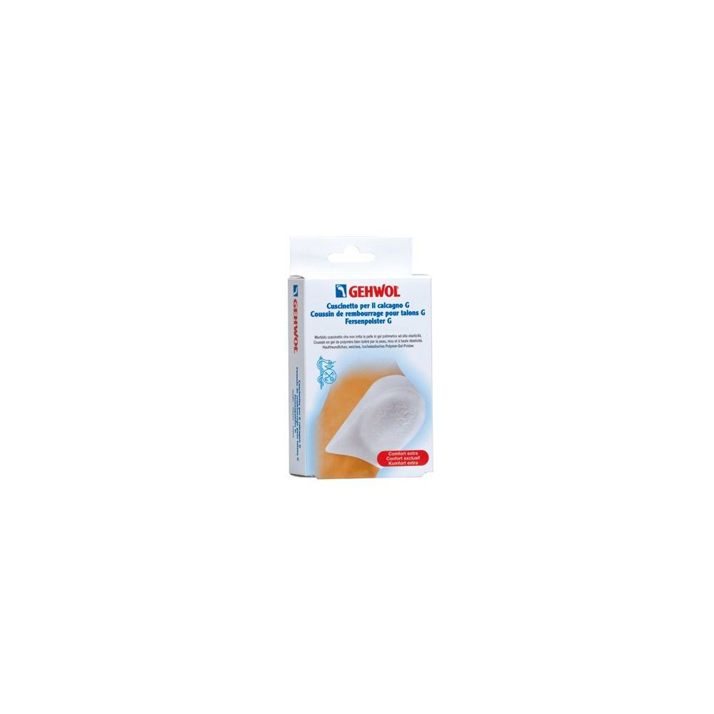 Gehwol-Verpackung mit Fersenkissen. Weißer Karton mit Produktnamen und Logo. Klein, 1 Paar.