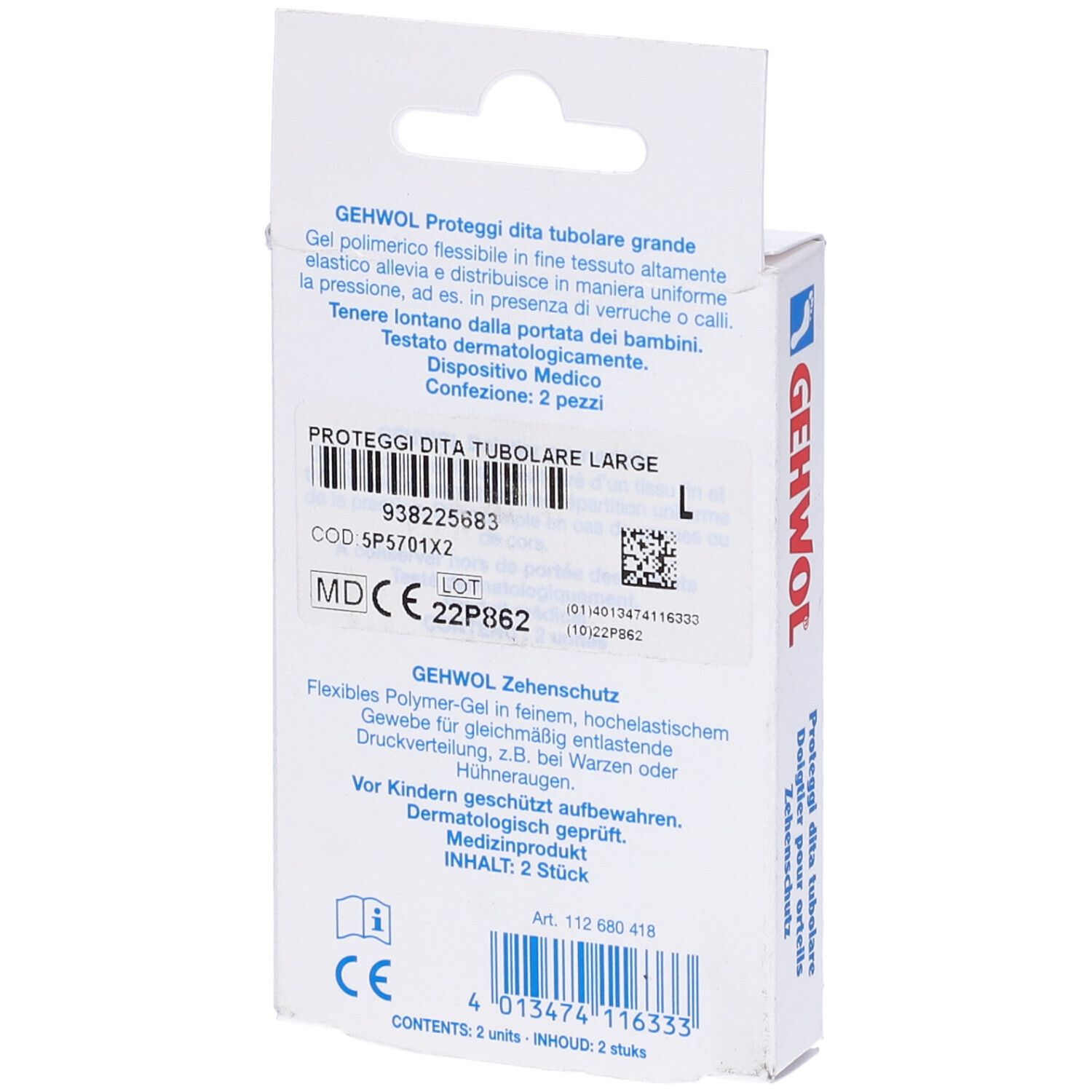 Rückseite der Gehwol Zehenschutz-Verpackung. Produktinformationen, Inhaltsstoffe und CE-Kennzeichnung sind sichtbar. Inhalt: 2 Stück.