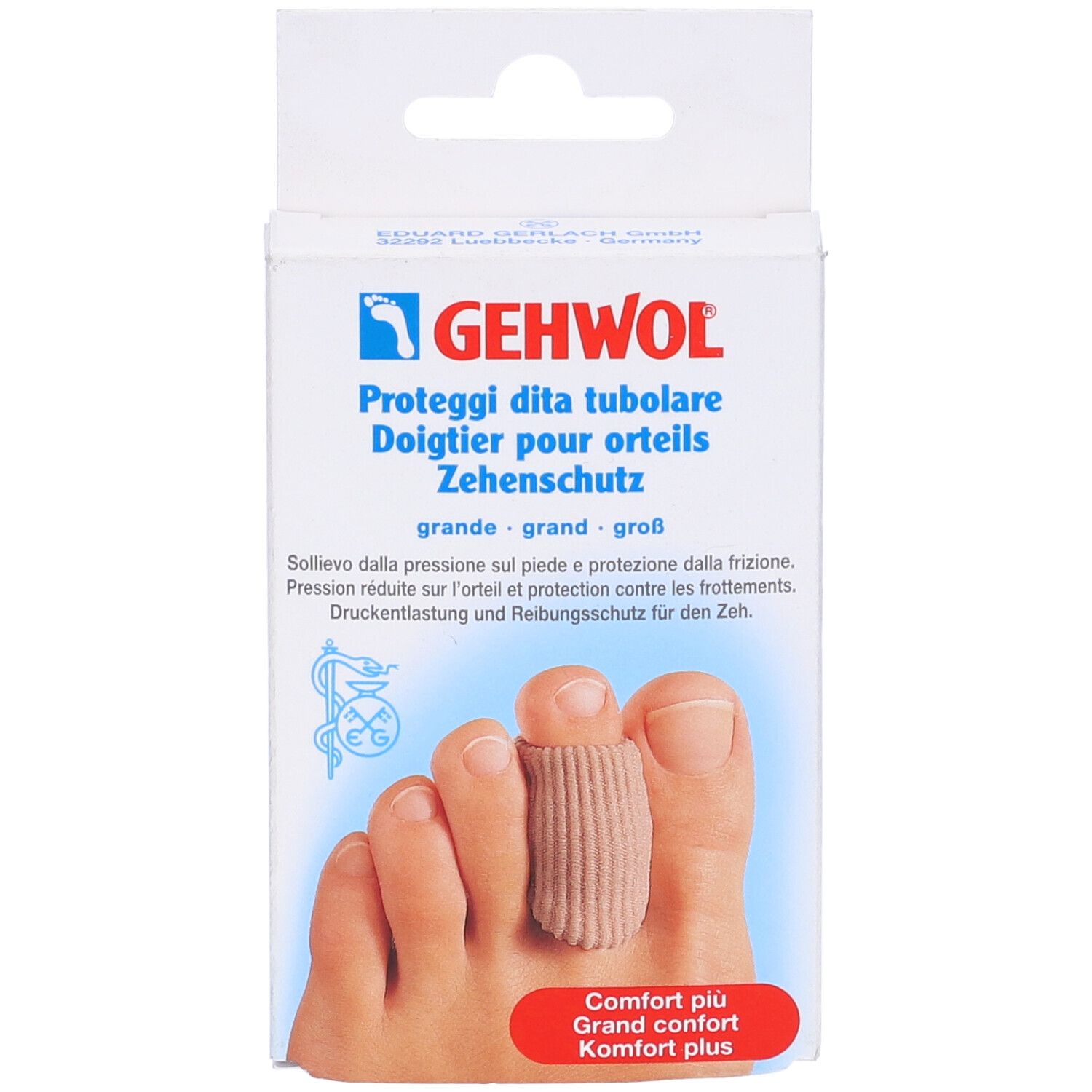 Gehwol Zehenschutz-Verpackung. Ein Zeh ist mit einem beigefarbenen, röhrenförmigen Schutz bedeckt. Produktname und Logo sind sichtbar.