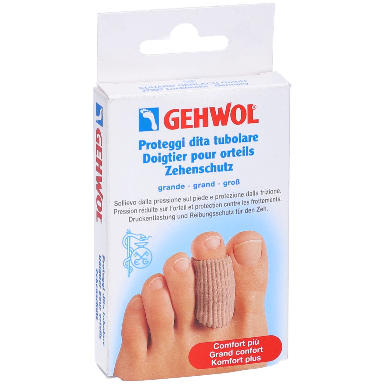 Gehwol Zehenschutz-Verpackung. Ein Zeh ist mit einem beigefarbenen, röhrenförmigen Schutz bedeckt. Produktname und Logo sind sichtbar.