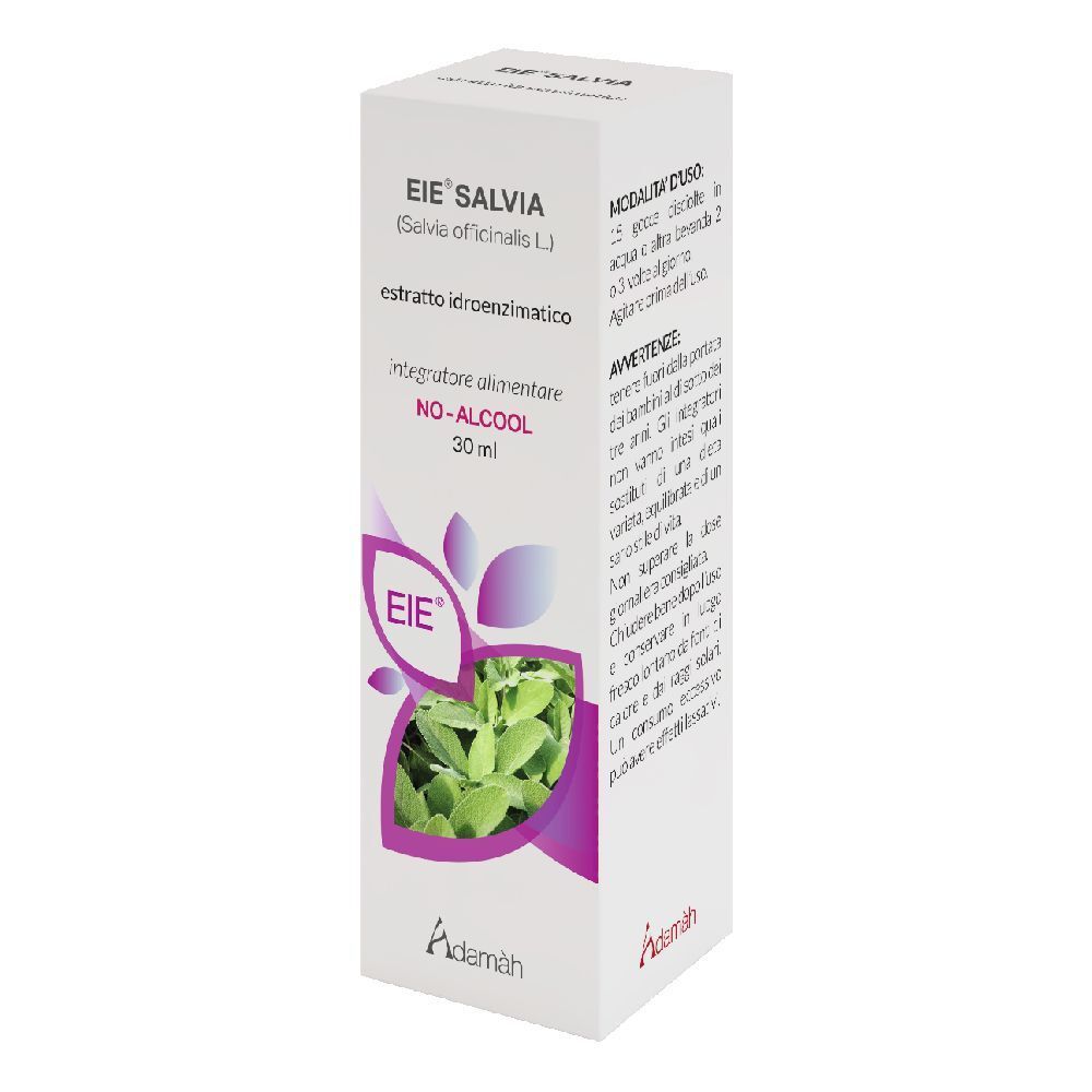 Boîte blanche avec informations produit. Inscription : EIE Salvia, extrait de sauge, 30 ml, NO-ALCOOL. Logo EIE et Adamàh.