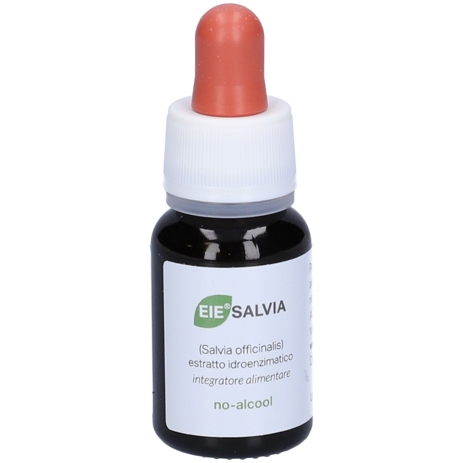 Flacon en verre brun avec compte-gouttes. Inscription : EIE Salvia, extrait de sauge, NO-ALCOOL. Compte-gouttes rouge. 30 ml.