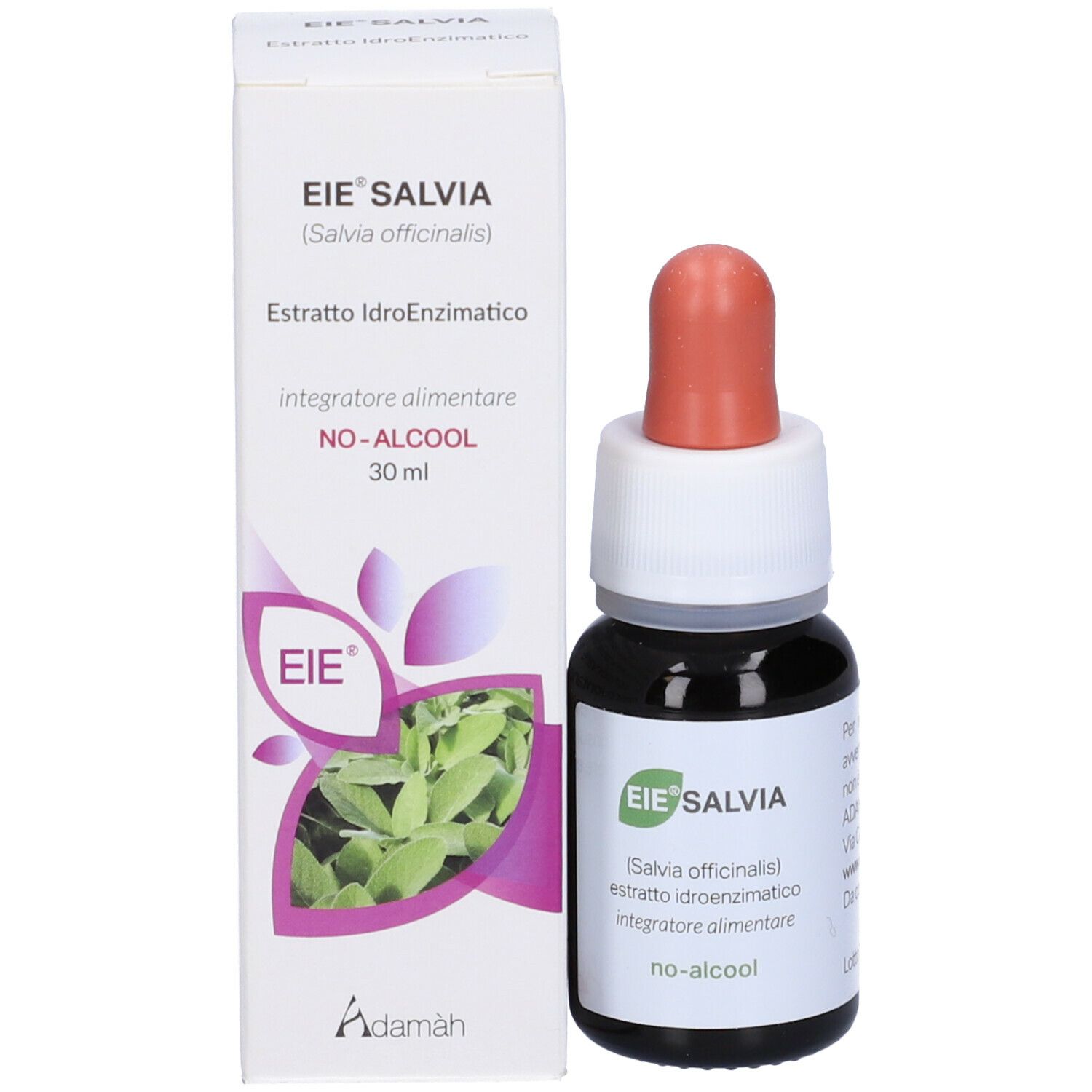 Emballage et flacon. Inscription : EIE Salvia, extrait de sauge, NO-ALCOOL. Compte-gouttes rouge. 30 ml. Logo EIE et Adamàh.
