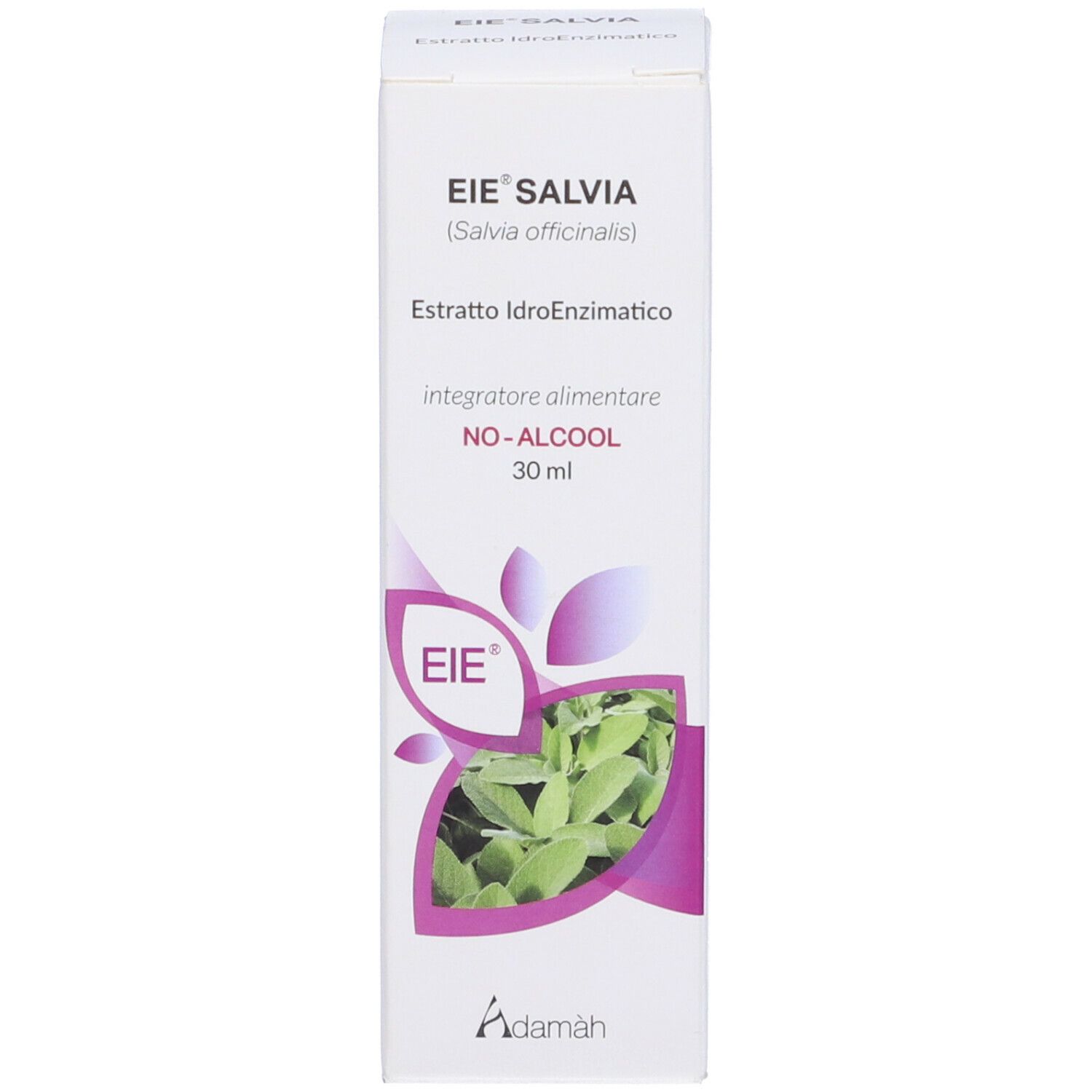 Boîte blanche avec informations produit. Inscription : EIE Salvia, extrait de sauge, 30 ml, NO-ALCOOL. Logo EIE et Adamàh.