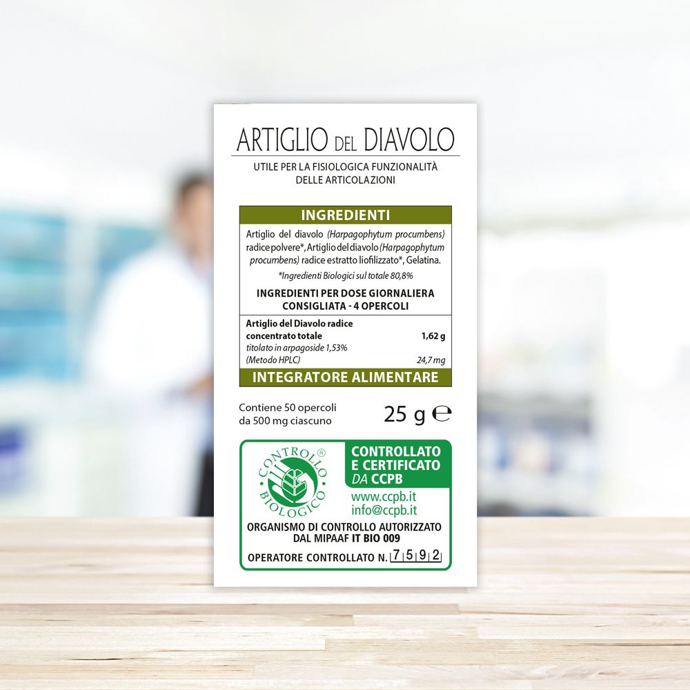 Rückseite der Aboca Artiglio del Diavolo Concentrato Totale Verpackung mit Zutaten und Bio-Siegel.